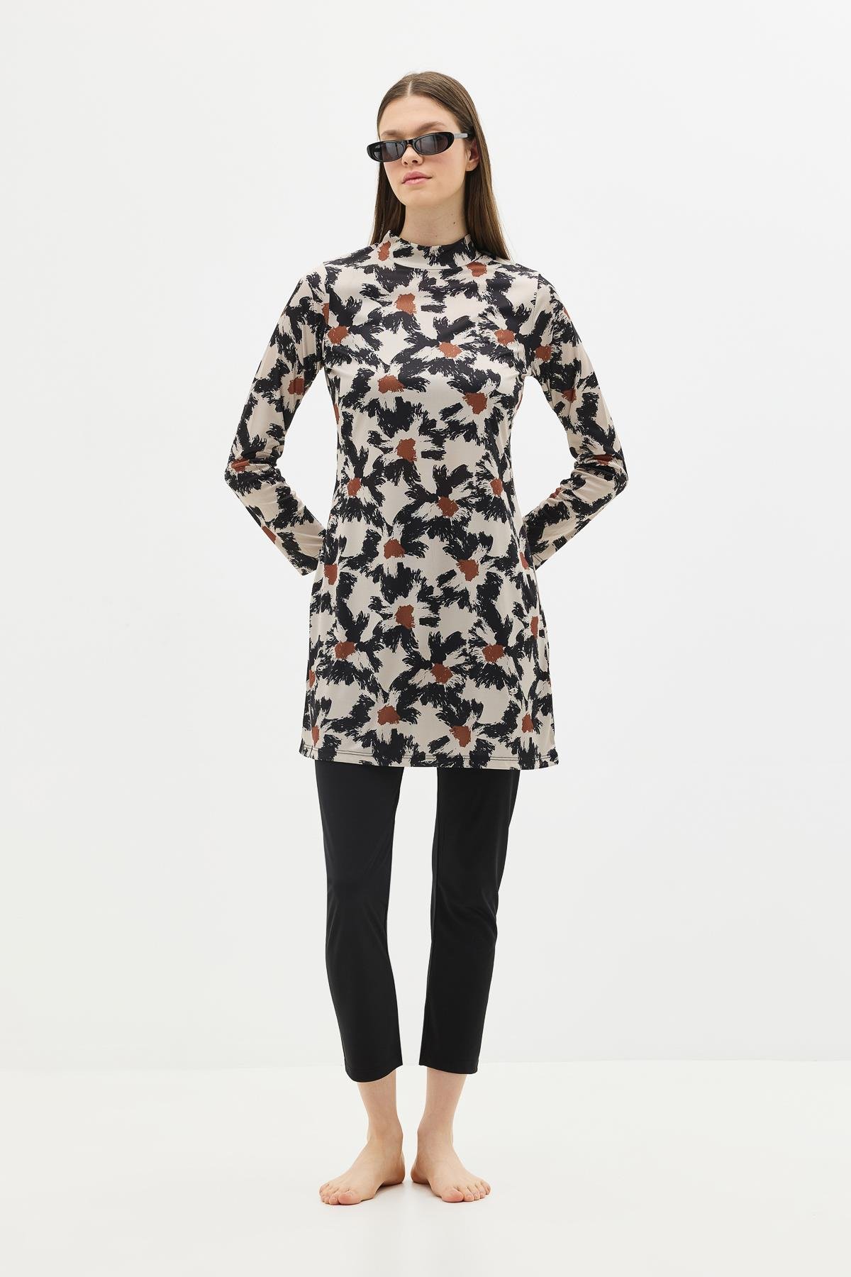 Desenli 4'lü Tesettür Mayo 1300 Siyah