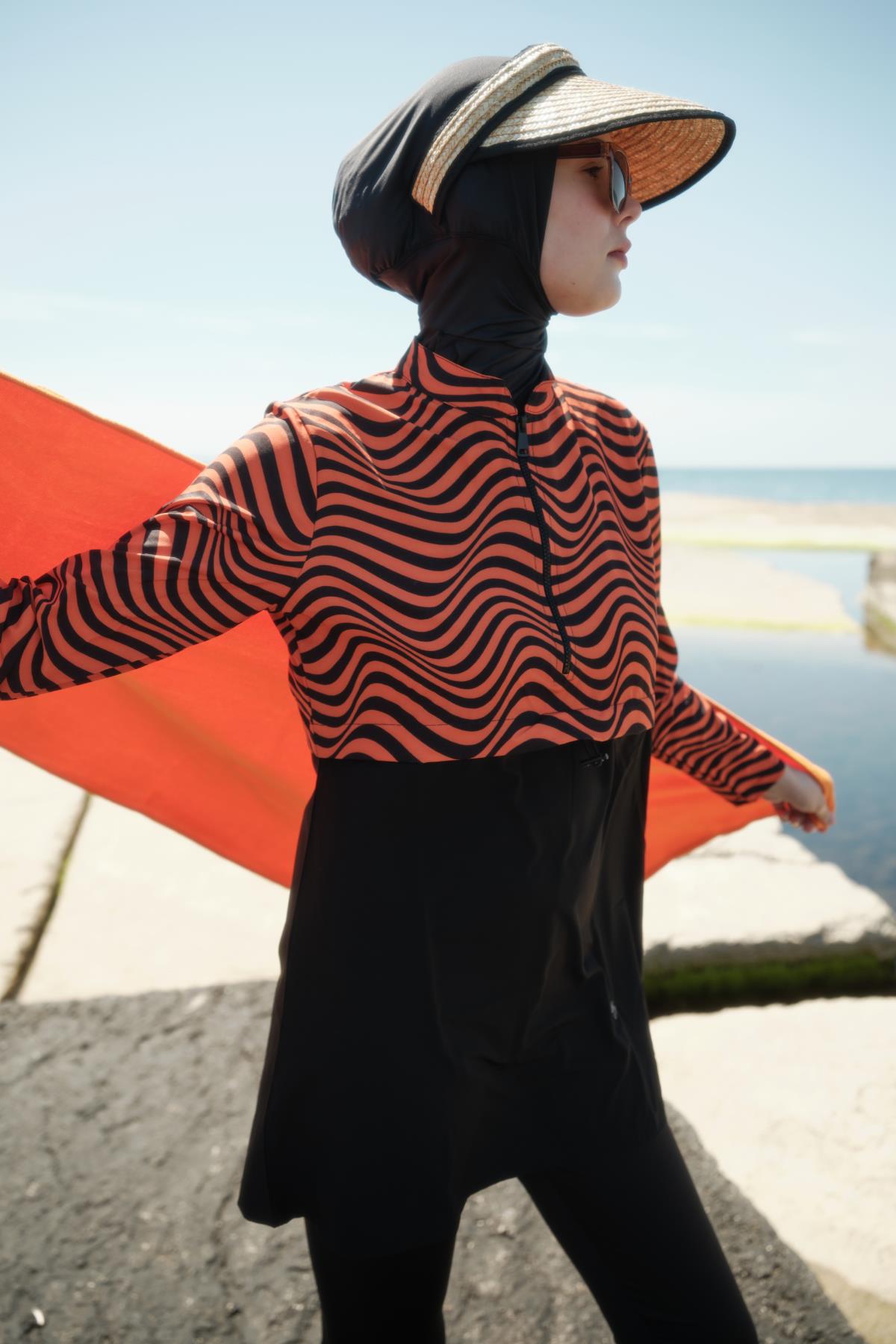 Desenli Belden Büzgülü 4'lü Tesettür Mayo 6220 Kiremit/Siyah