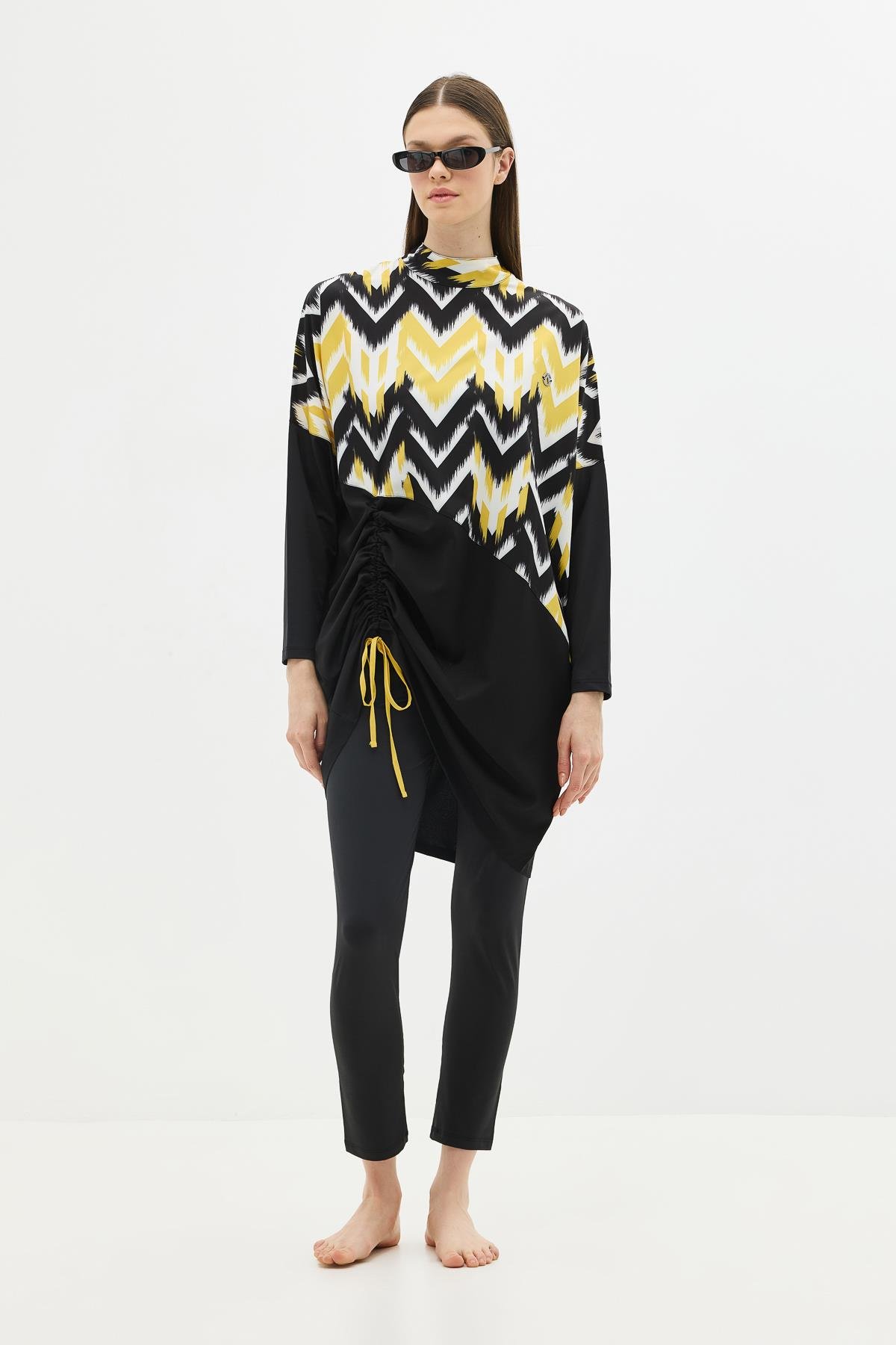 Desenli Rahat Kesim 4'lü Tesettür Mayo 6297 Sarı/Siyah