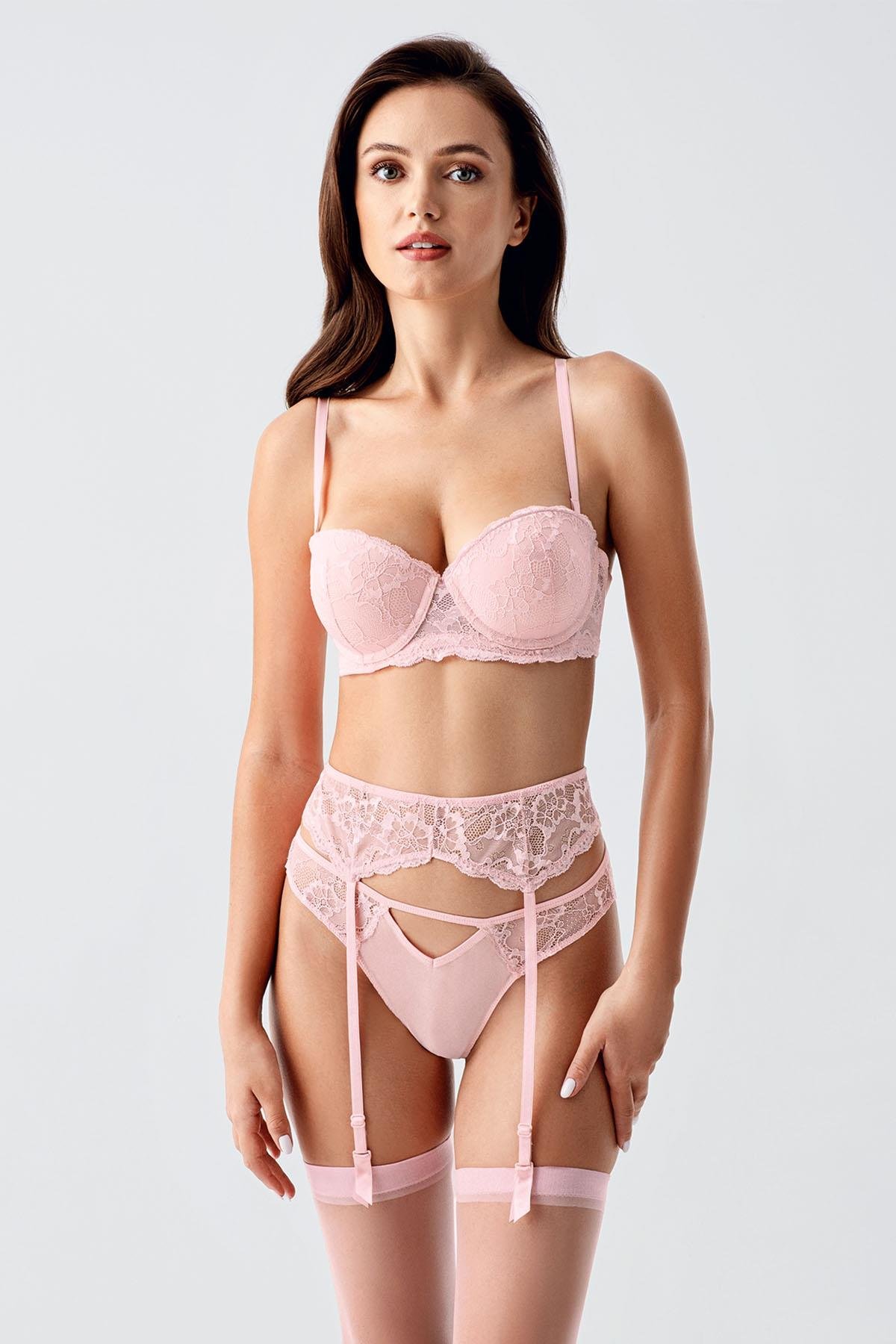 Dolgusuz Jartiyerli ve Çoraplı İp Askılı Sütyen Takımı C14168 Pudra