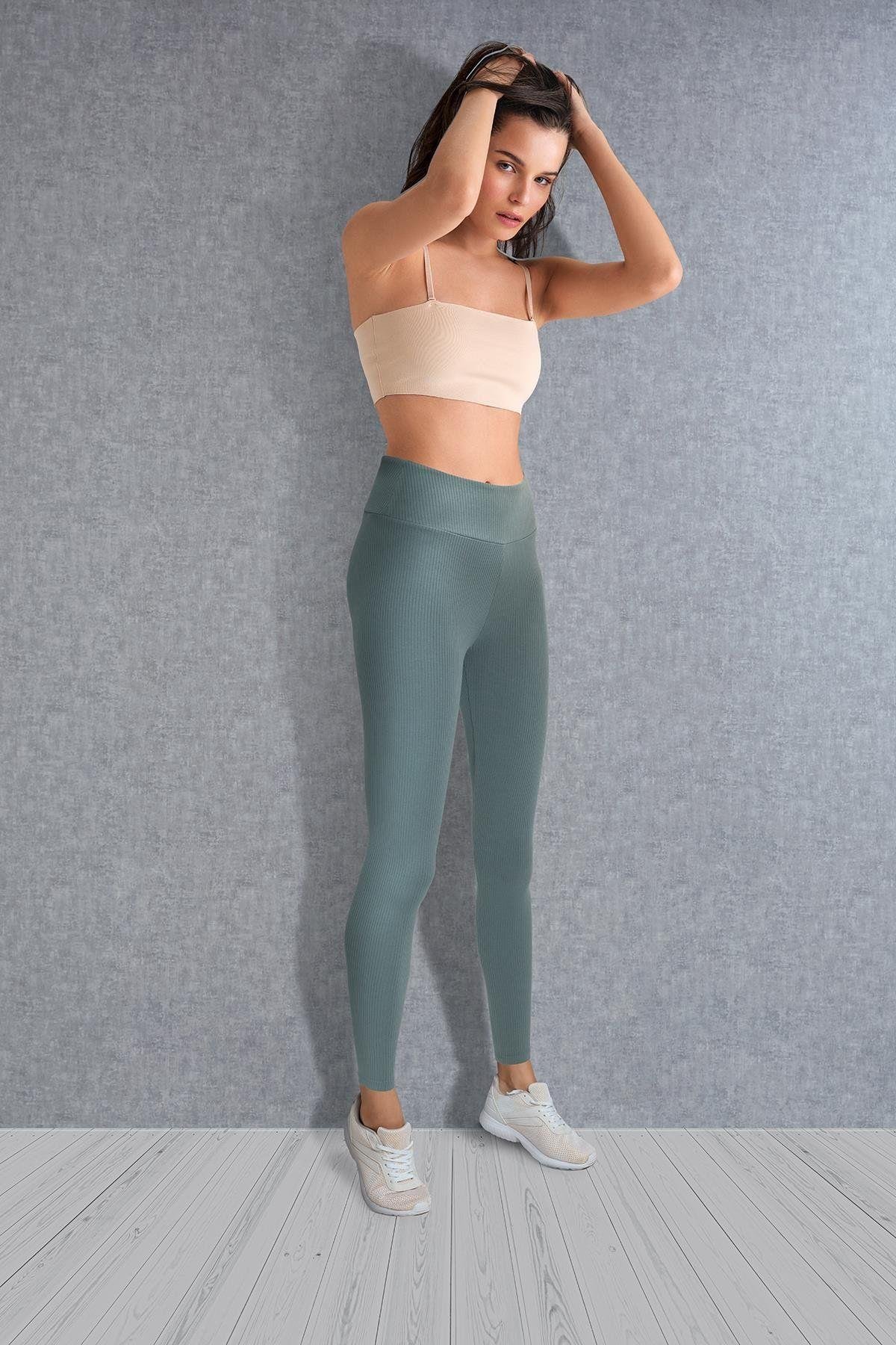 Doreanse Kadın Yüksek Bel Fitilli Spor Tayt 8041 Turkuaz