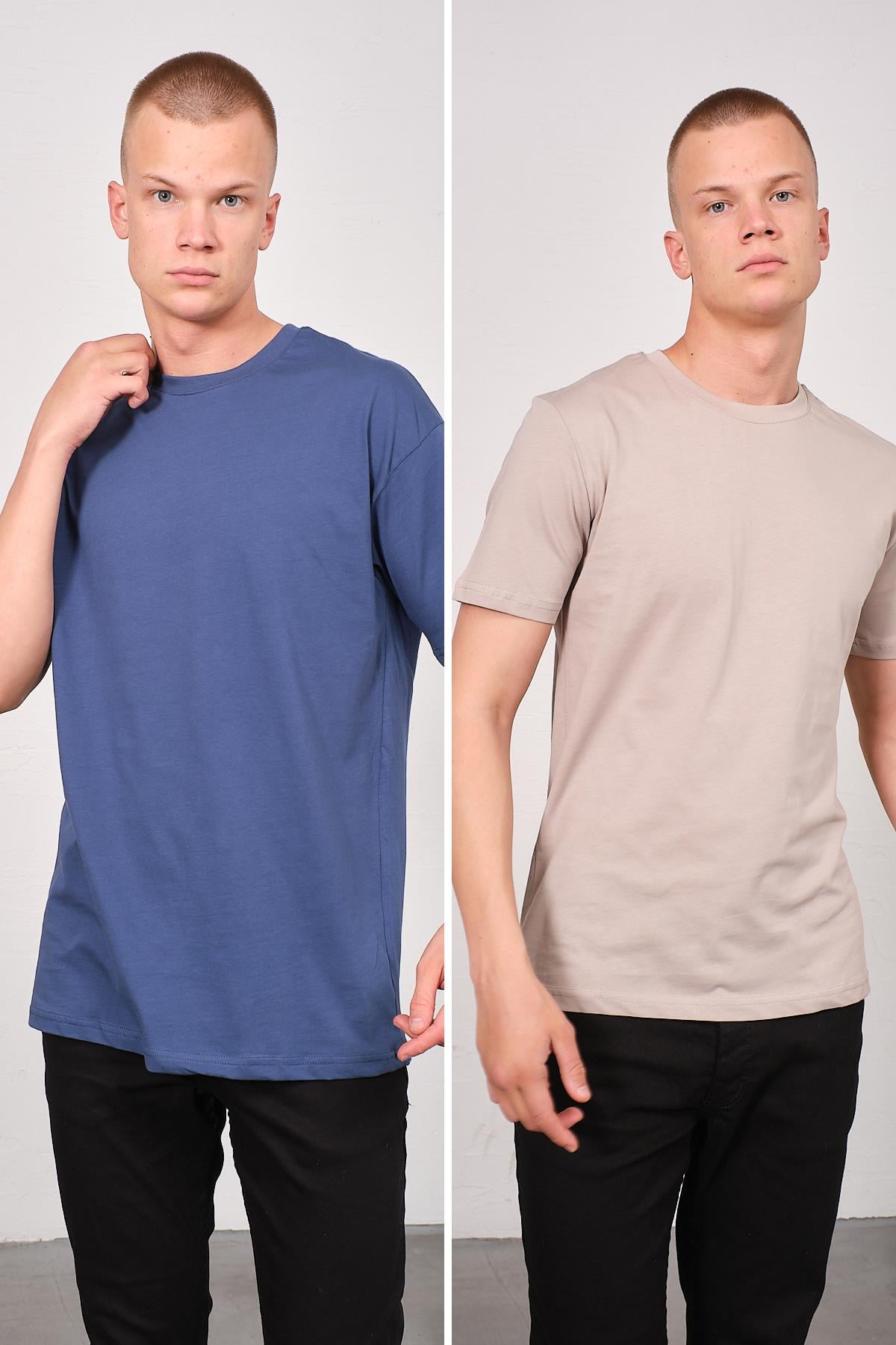 Erkek Bisiklet Yaka 2'li Oversize Basic T-Shirt 991 İndigo/Gri
