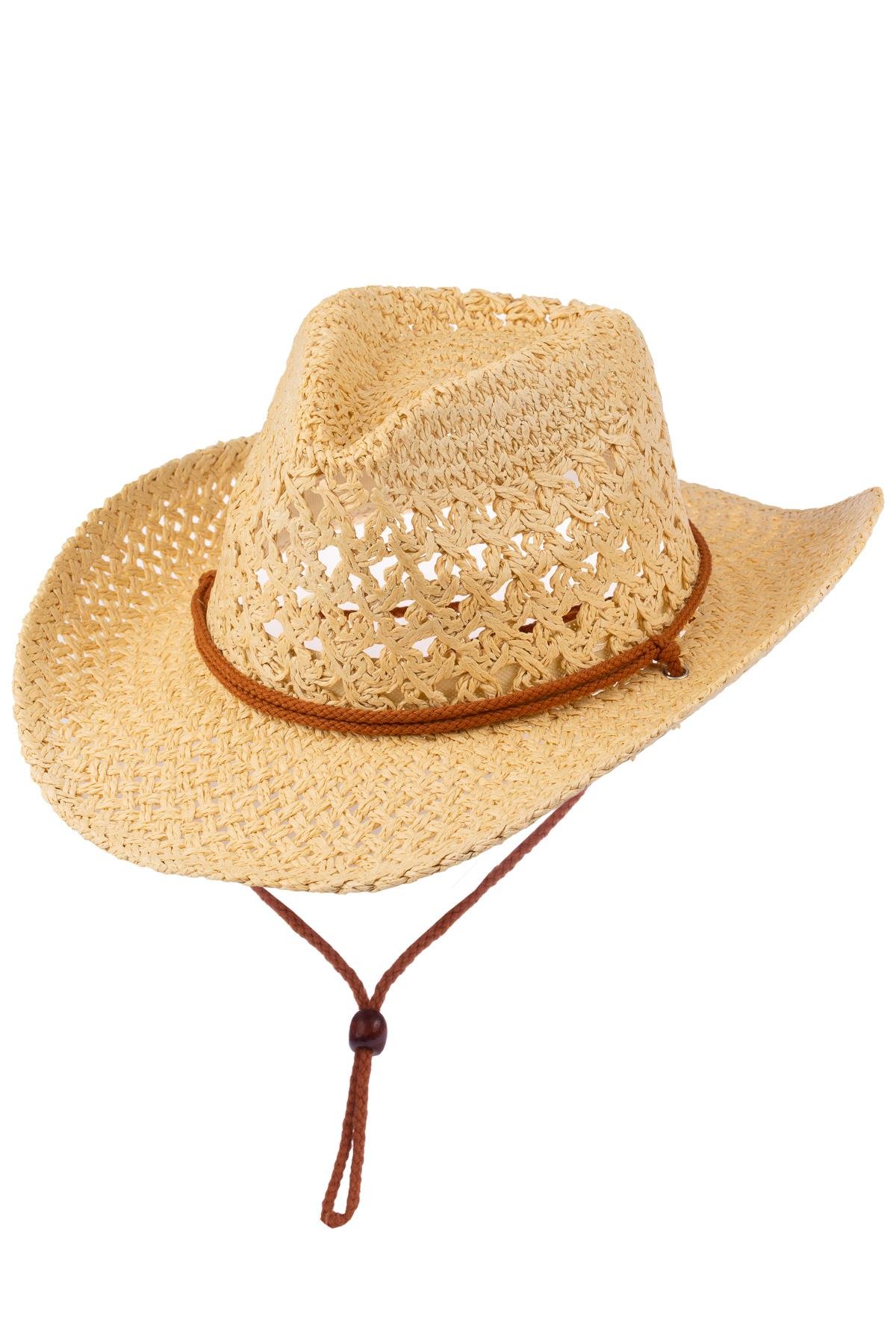 Erkek İp Detaylı Hasır Kovboy Şapka Y25750-09 Krem