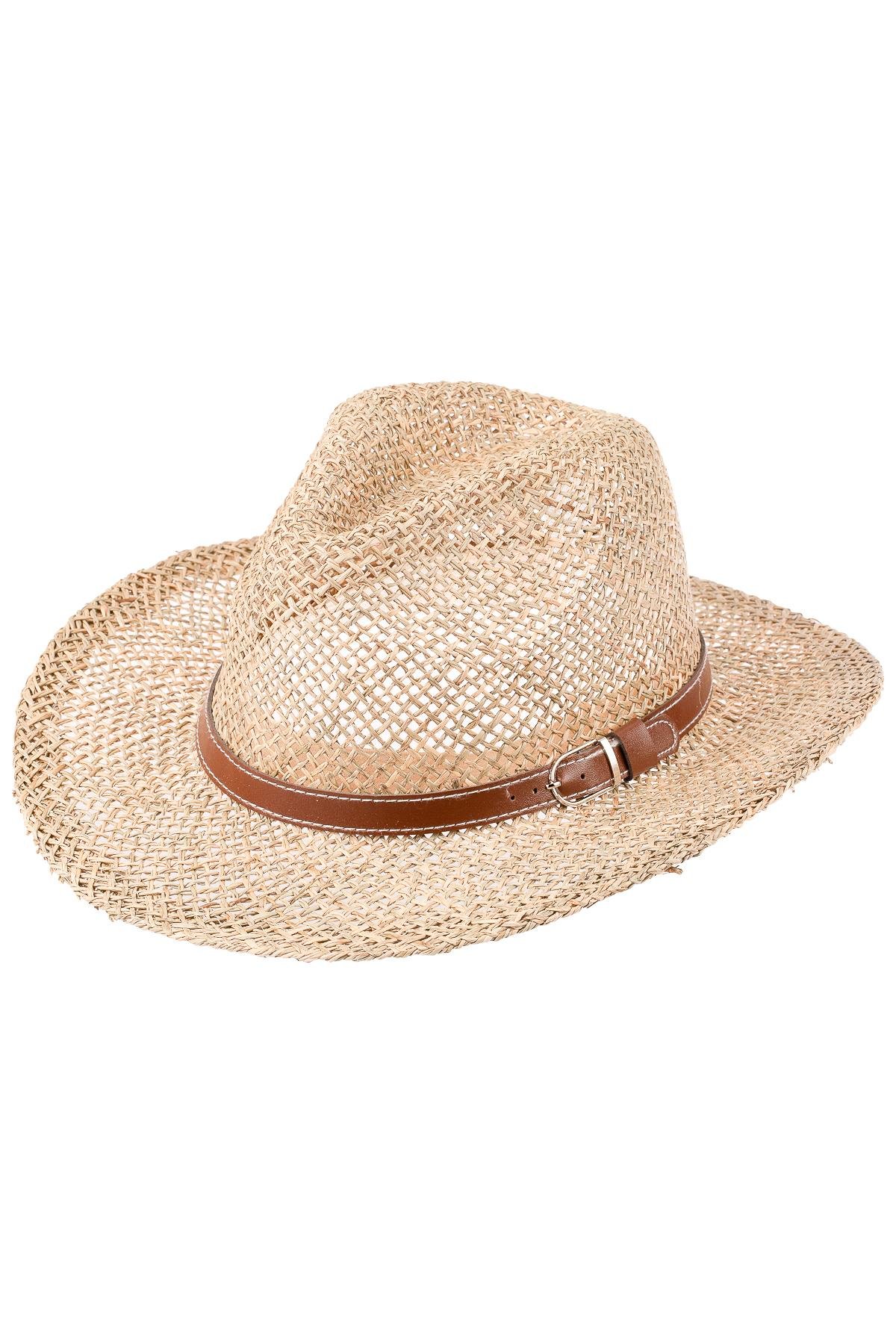 Erkek Kemer Detaylı Geniş Kenar Hasır Şapka Y25750-07 Vizon