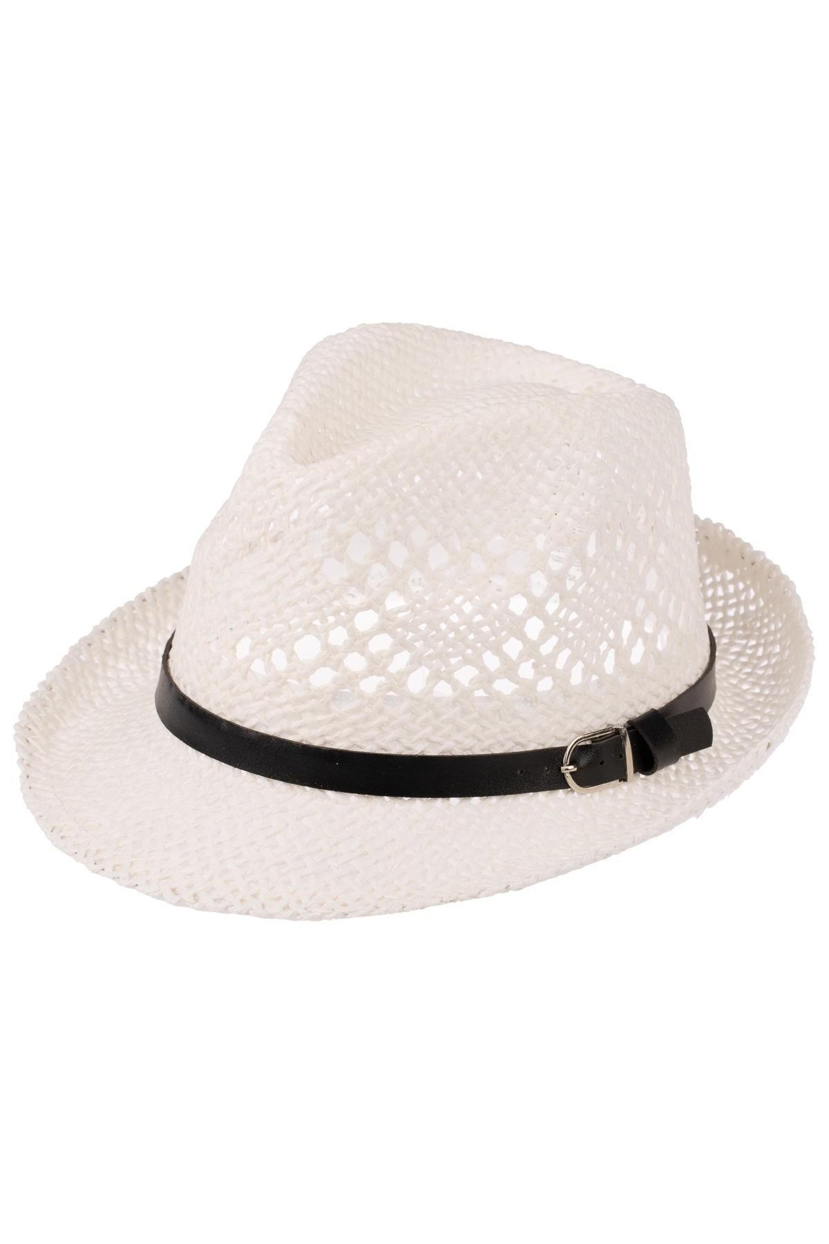 Erkek Kemer Detaylı Hasır Fötr Şapka Y24750-09 Beyaz