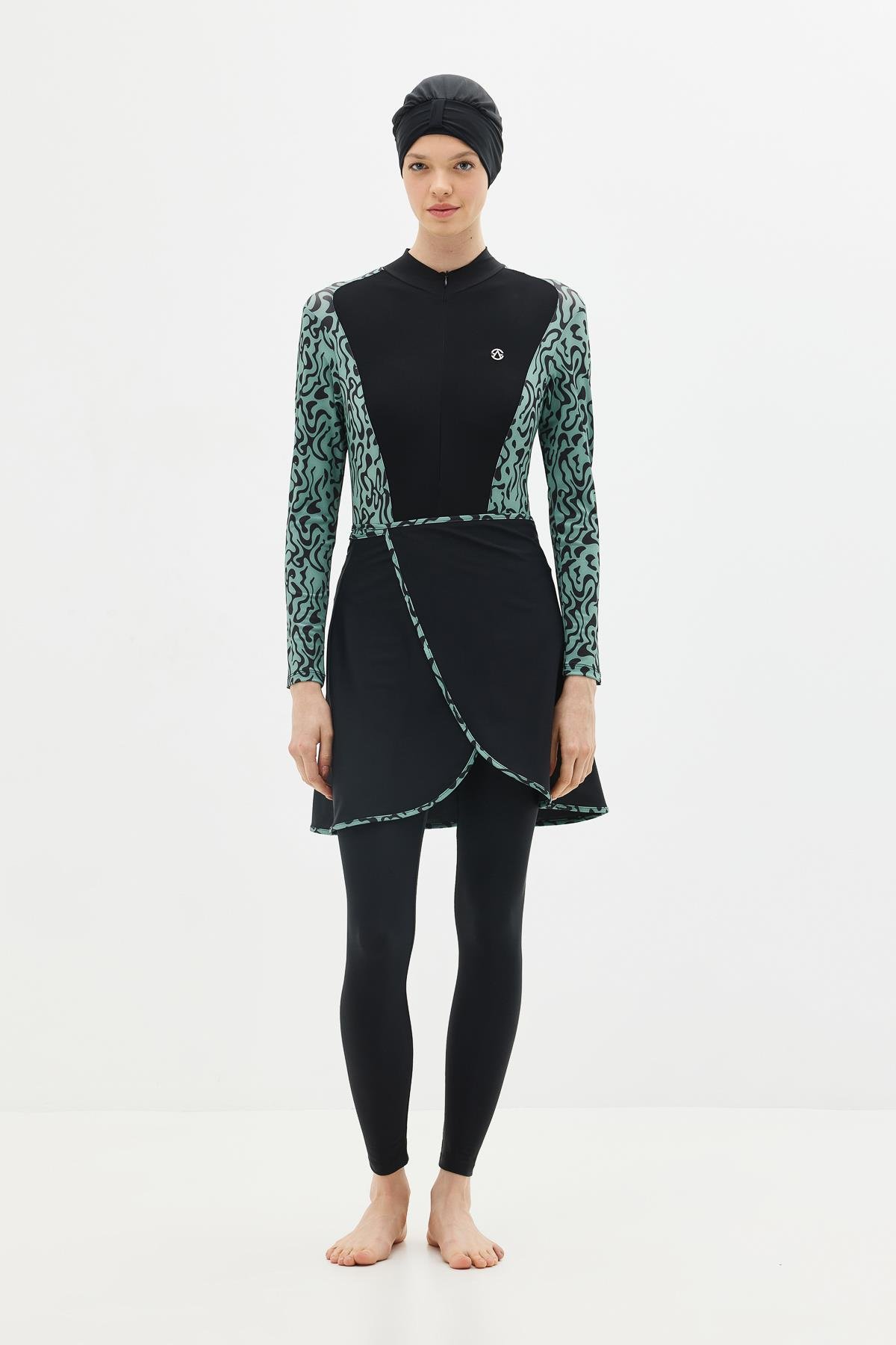 Etekli Taytlı Tam Kapalı Tesettür Mayo C13059 Yeşil/Siyah