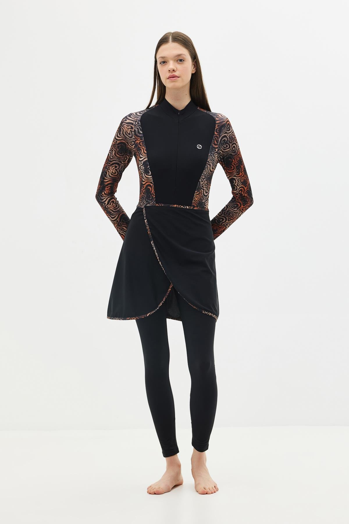 Etekli Taytlı Tam Kapalı Tesettür Mayo C13059 Leopar