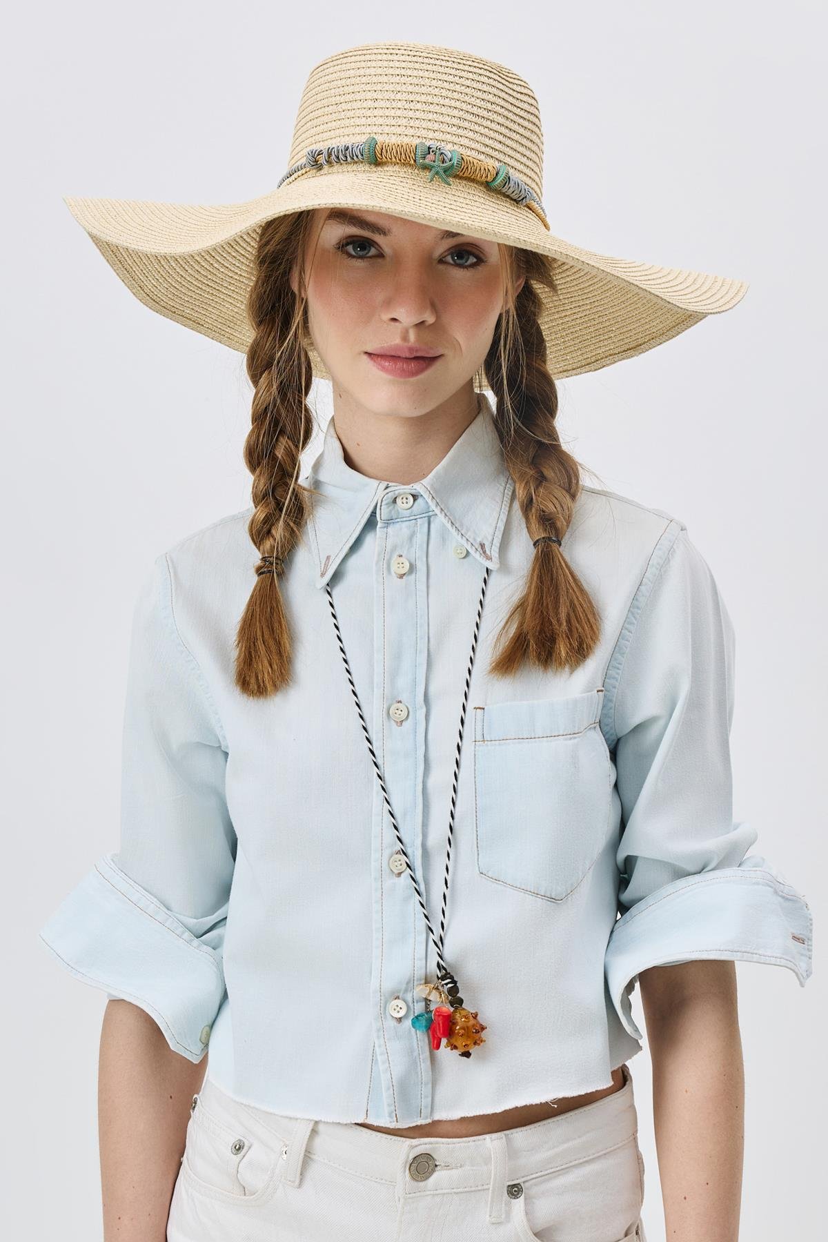 Geniş Kenar Hasır Plaj Şapkası Y25730-14 Bej