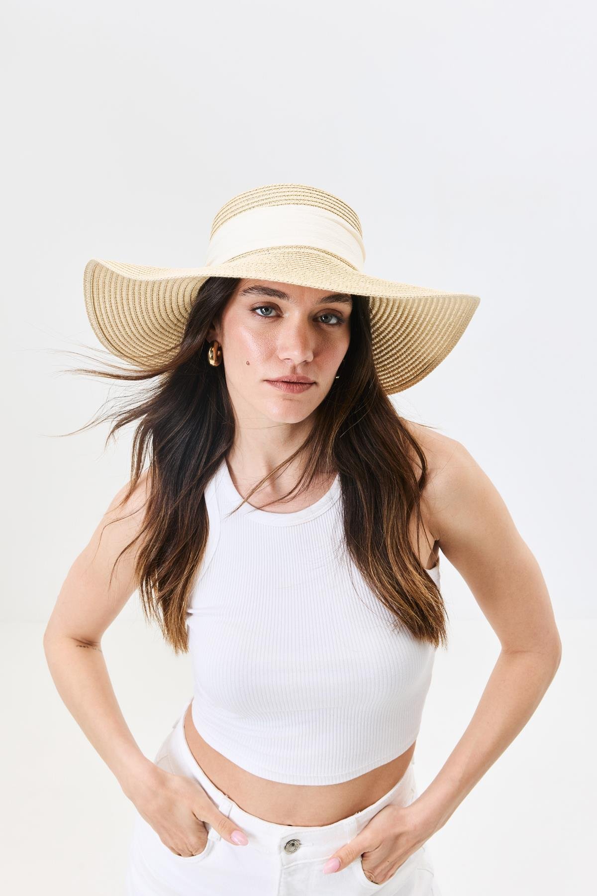 Geniş Kenar Hasır Plaj Şapkası Y25730-10 Bej