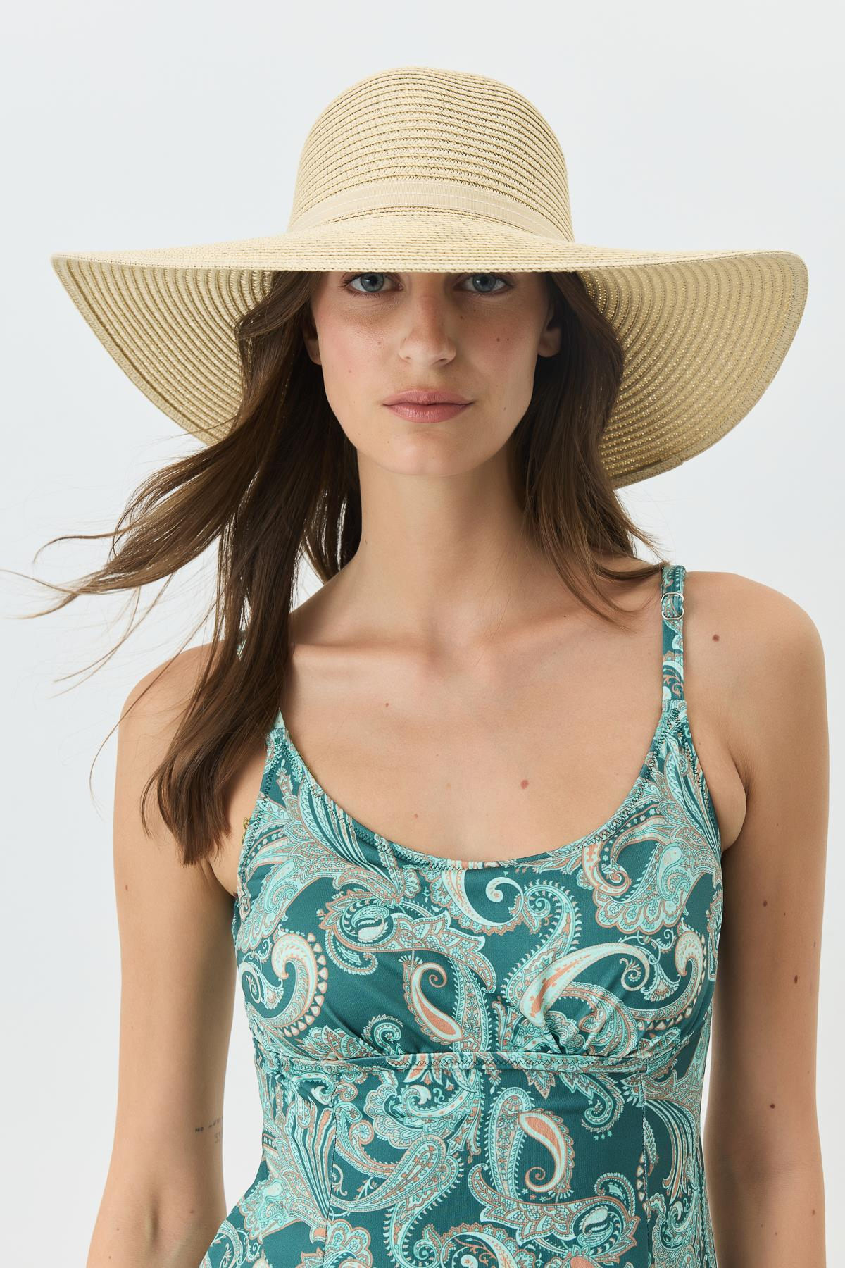 Geniş Kenar Hasır Plaj Şapkası Y25730-02 Bej