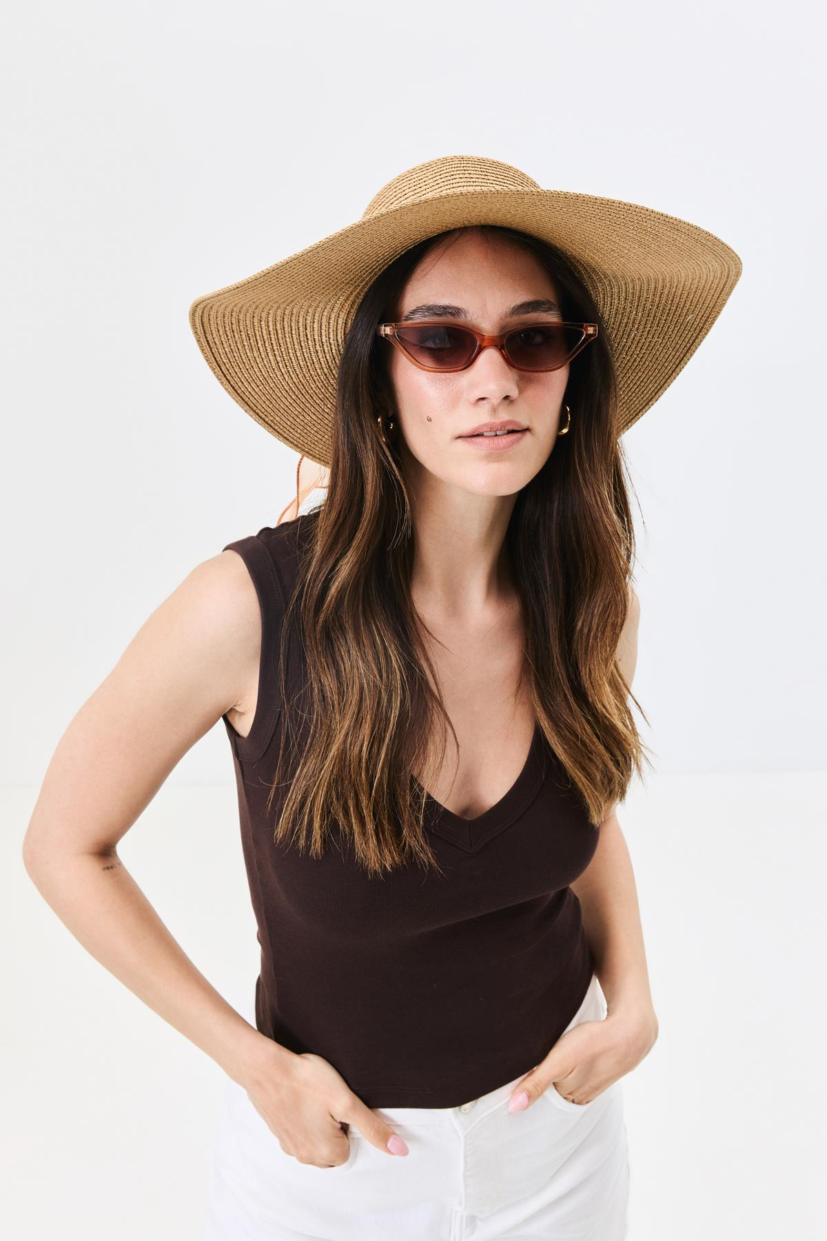 Geniş Kenar Hasır Plaj Şapkası Y25730-09 Vizon