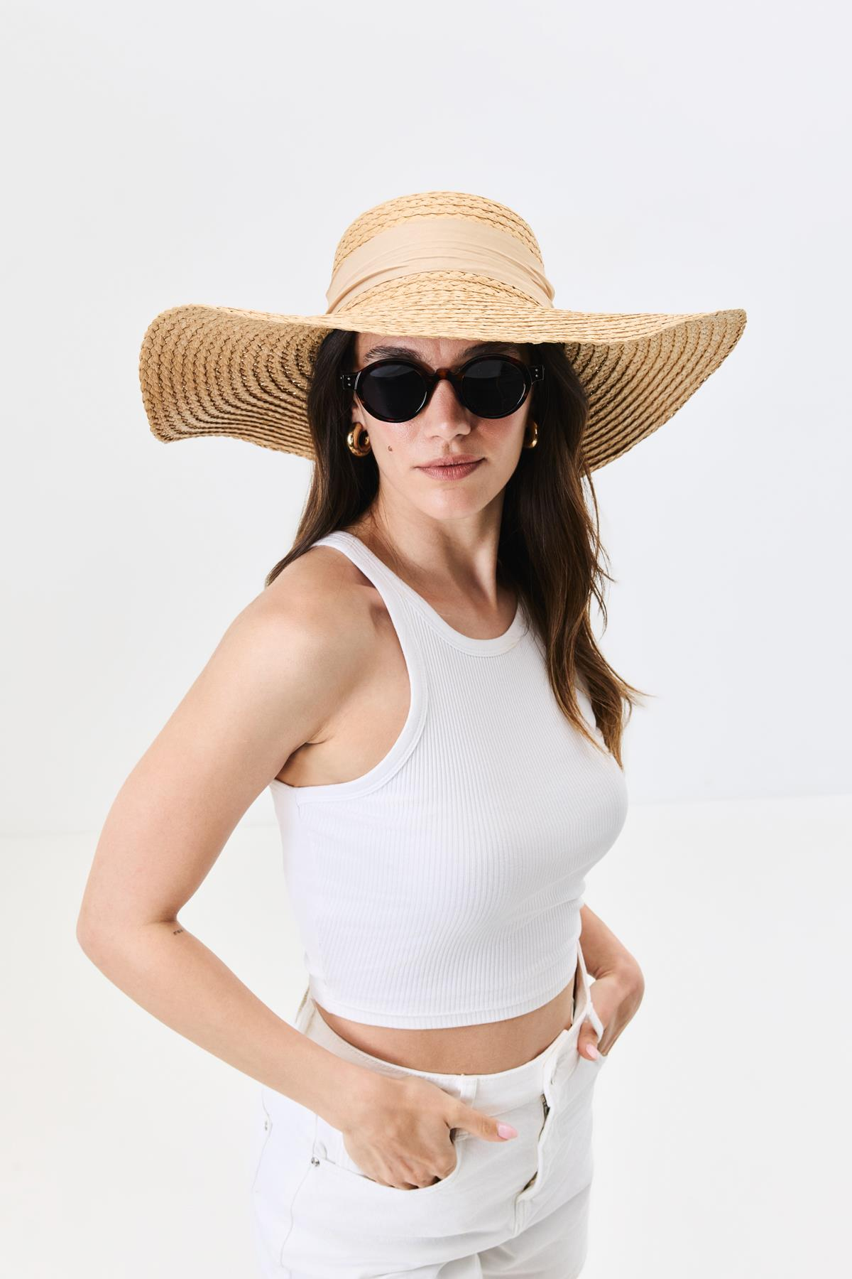 Geniş Kenar Hasır Plaj Şapkası Y25730-16 Vizon