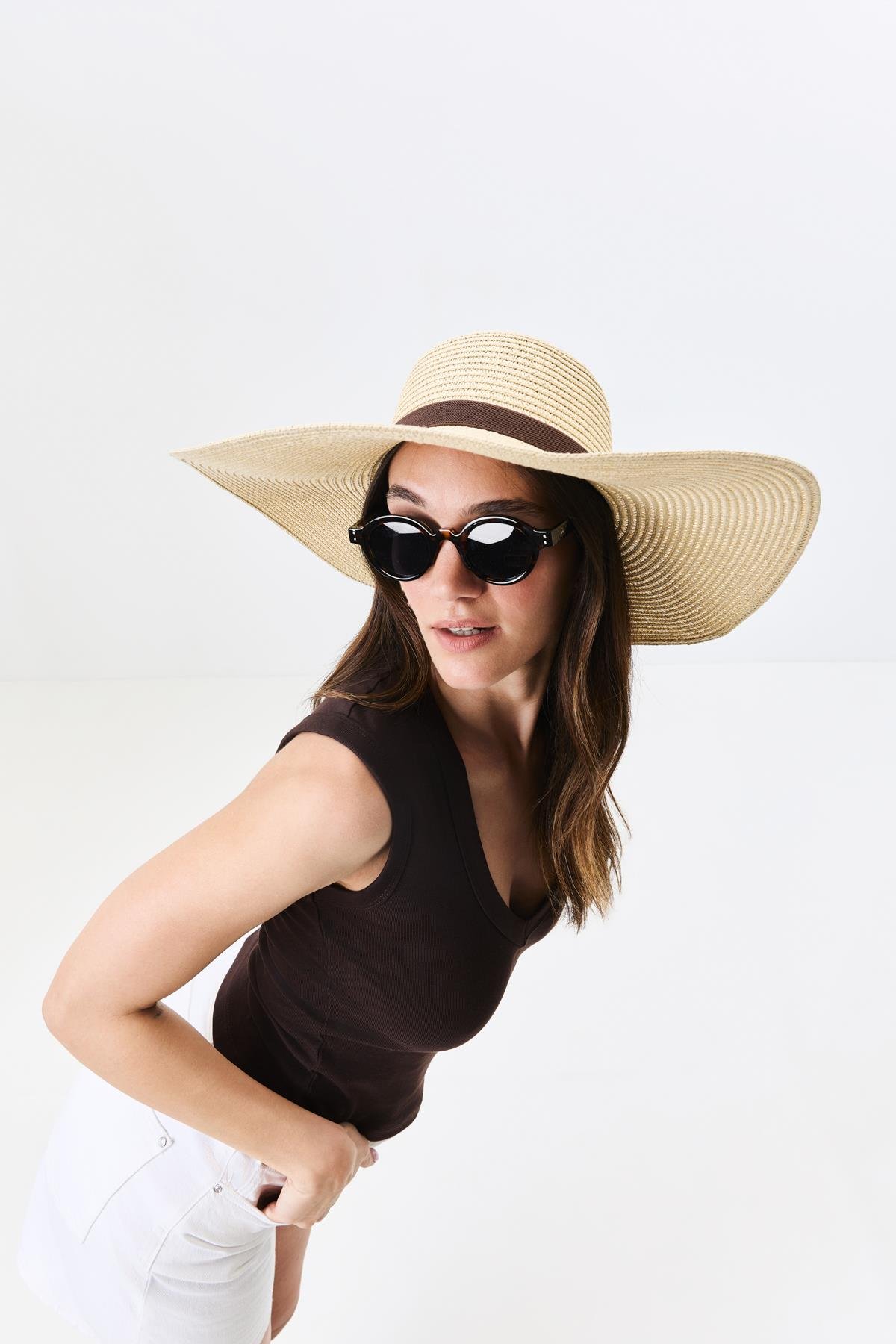 Geniş Kenar Hasır Plaj Şapkası Y25730-08 Bej