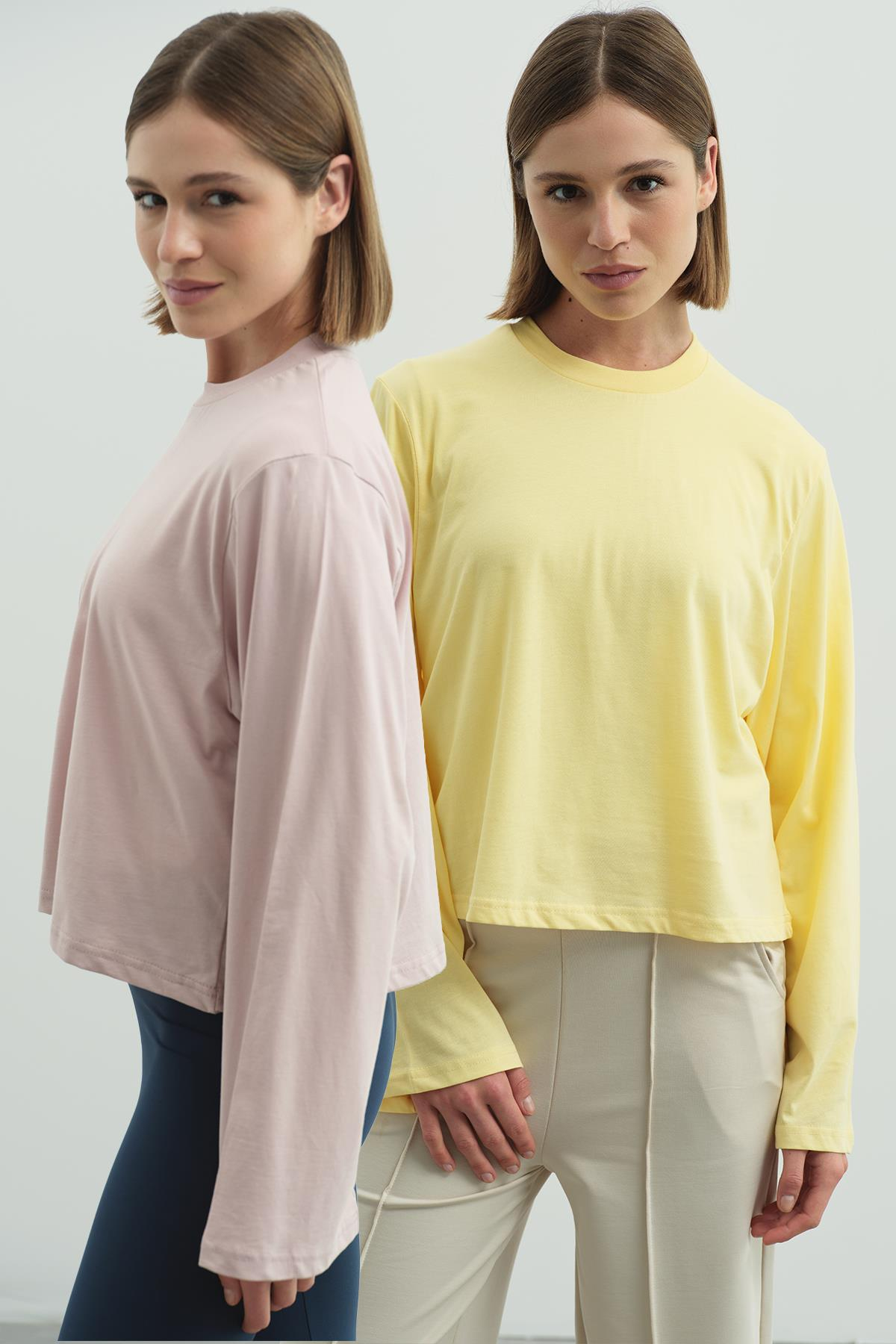 Geniş Kol Oversize 2'li Paket T-Shirt 965 Lila/Sarı