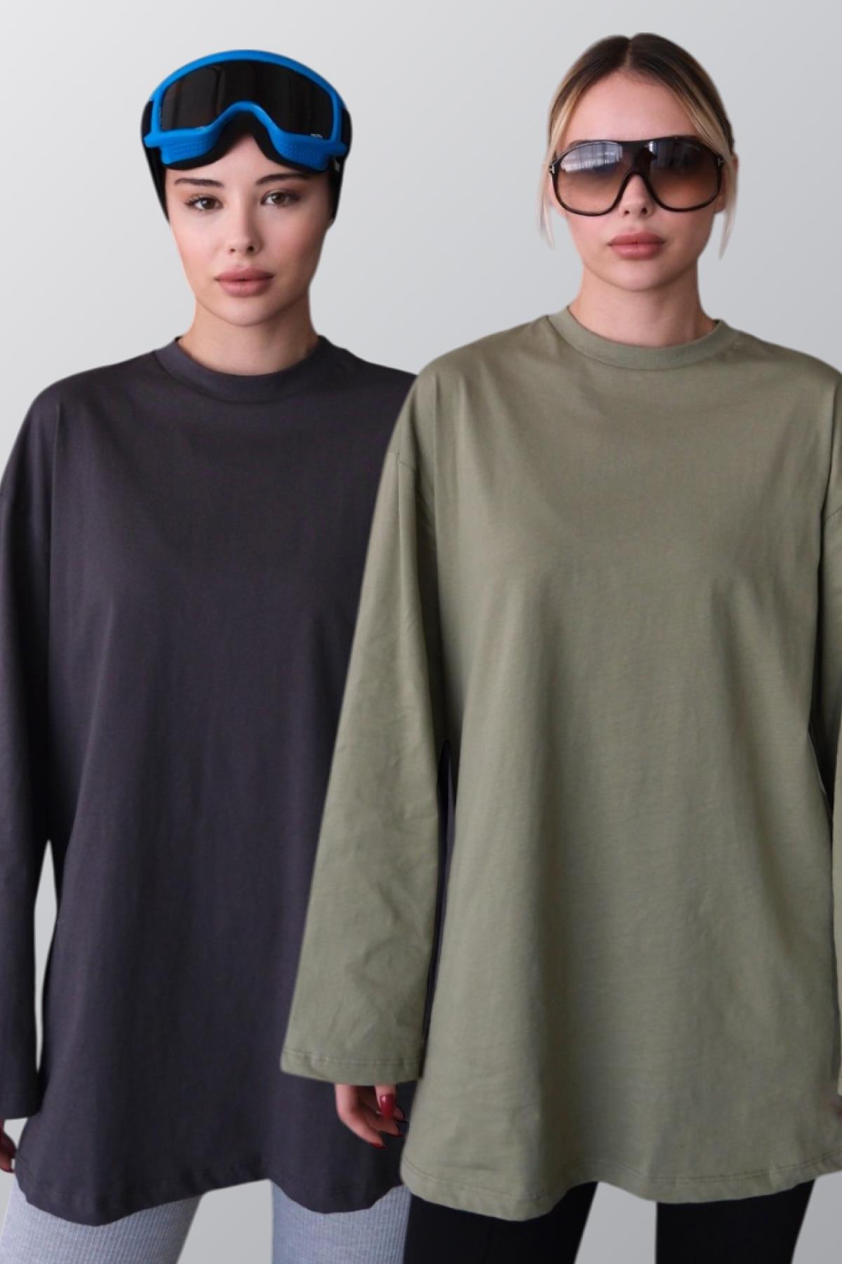 Geniş Kol Oversize 2'li Paket T-Shirt 964 Haki/Füme