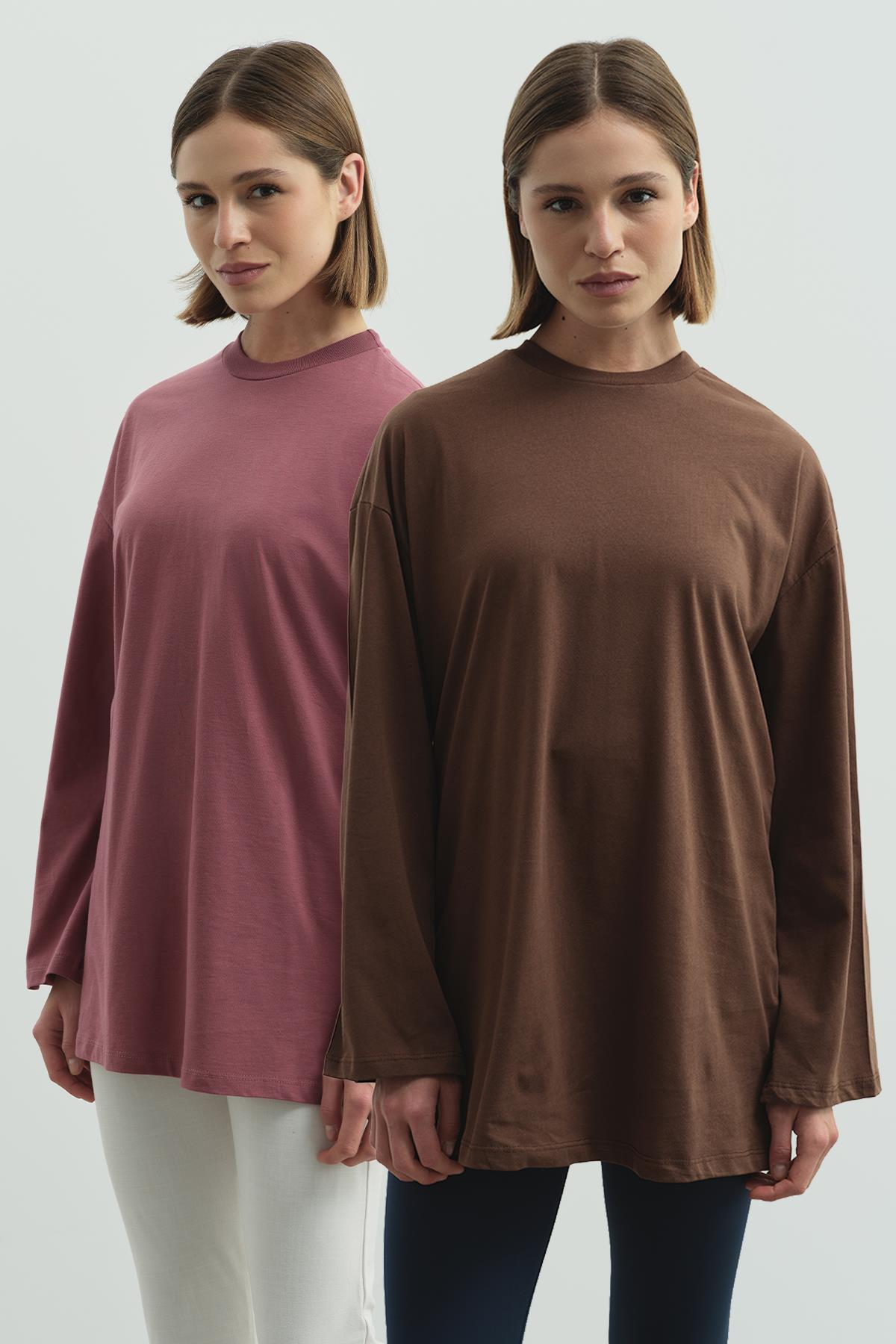 Geniş Kol Oversize 2'li Paket T-Shirt 964 Gül/Kahverengi