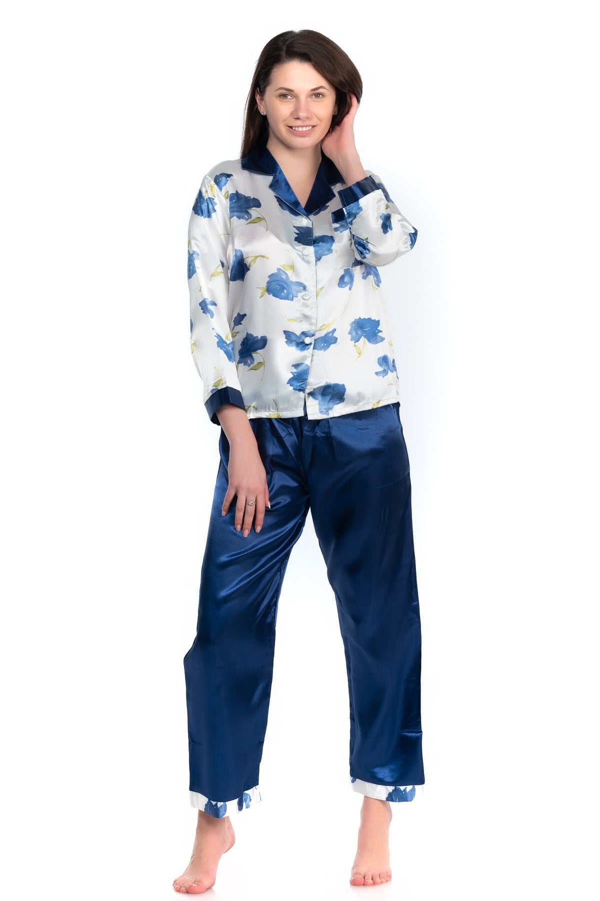 Glorious Time Kadın Desenli Saten Pijama Takım Lacivert