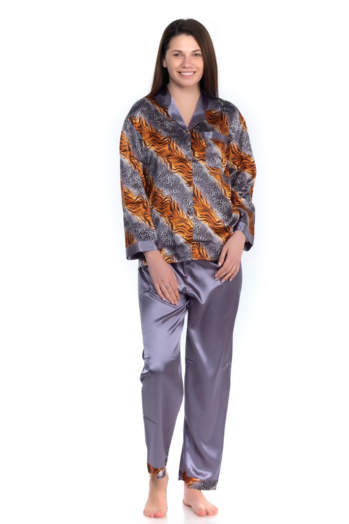 Glorious Time Kadın Desenli Saten Pijama Takım Gri