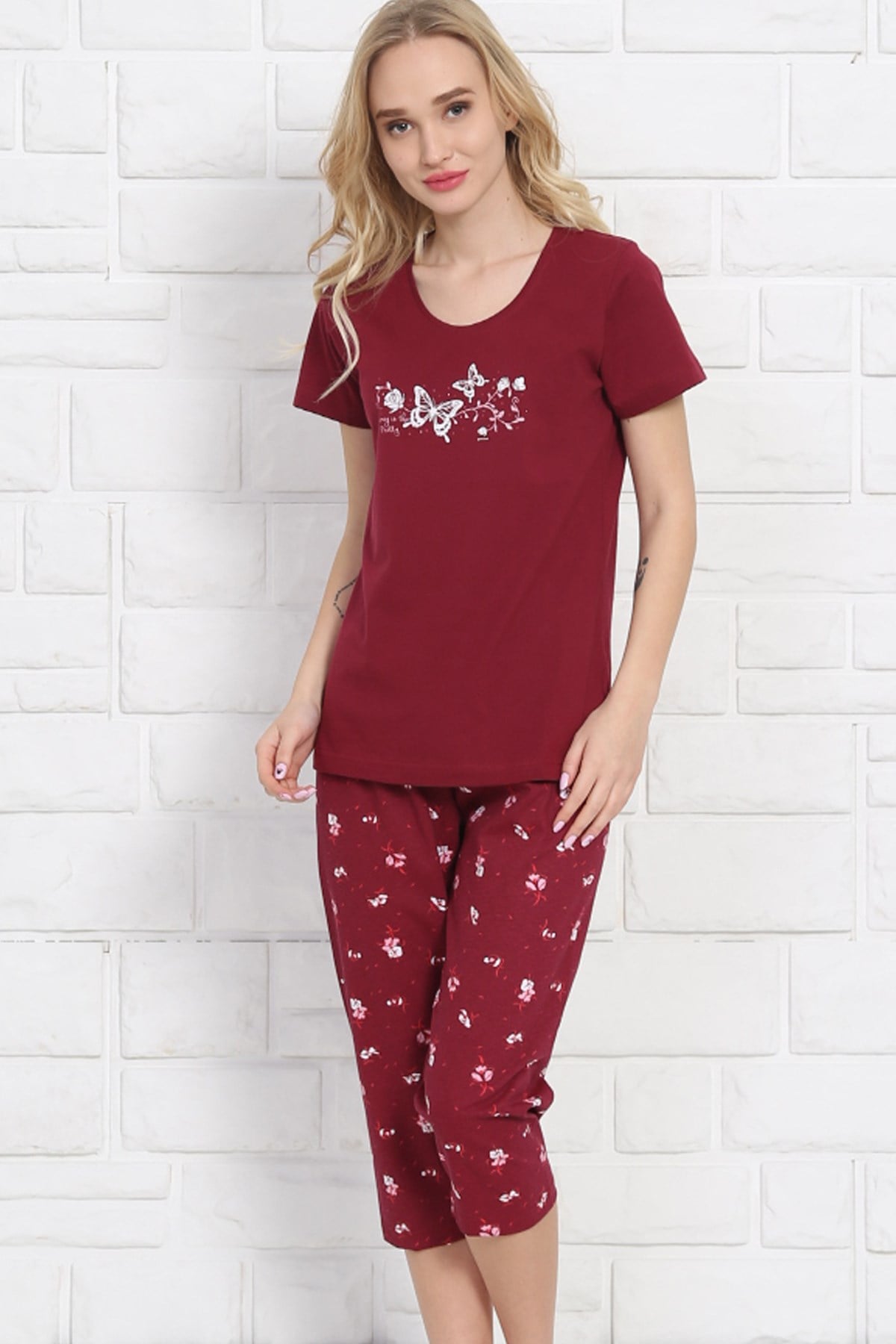 Good Look 8101674341 Kadın Kapri Pijama Takım Bordo