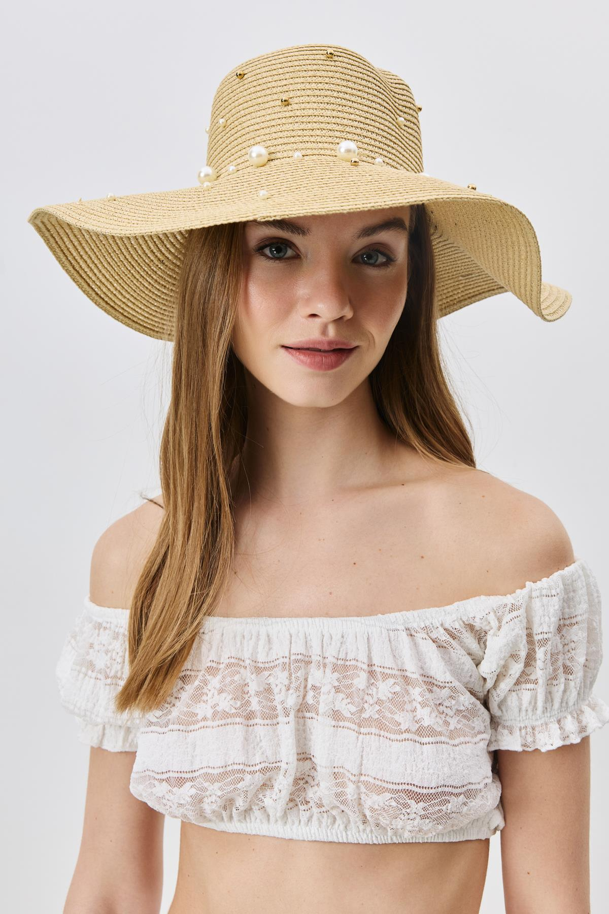 İnci Detaylı Geniş Hasır Şapka Y8214 Bej