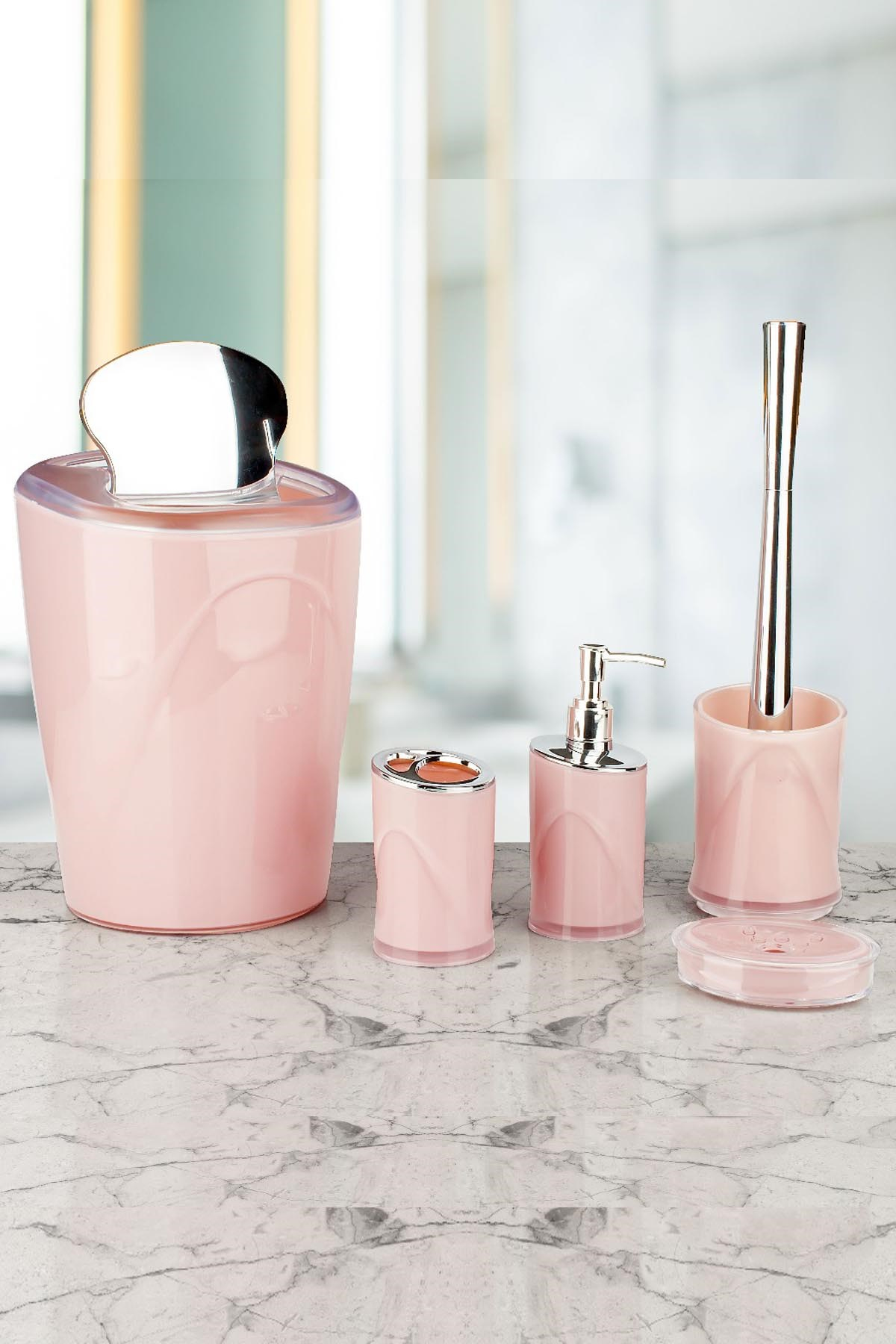 İndecor Akrilik 5 Parça Kromajlı Banyo Seti Pembe