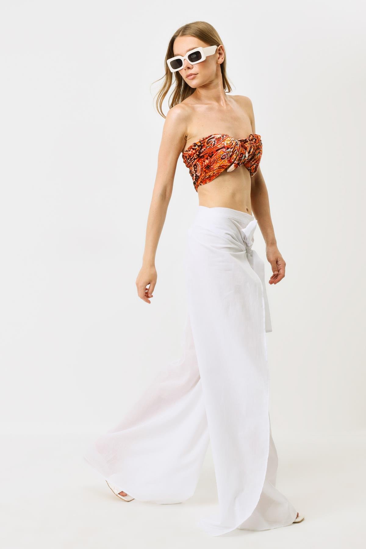 Kadın Belden Kuşaklı Pareo Pantolon 9078 Beyaz