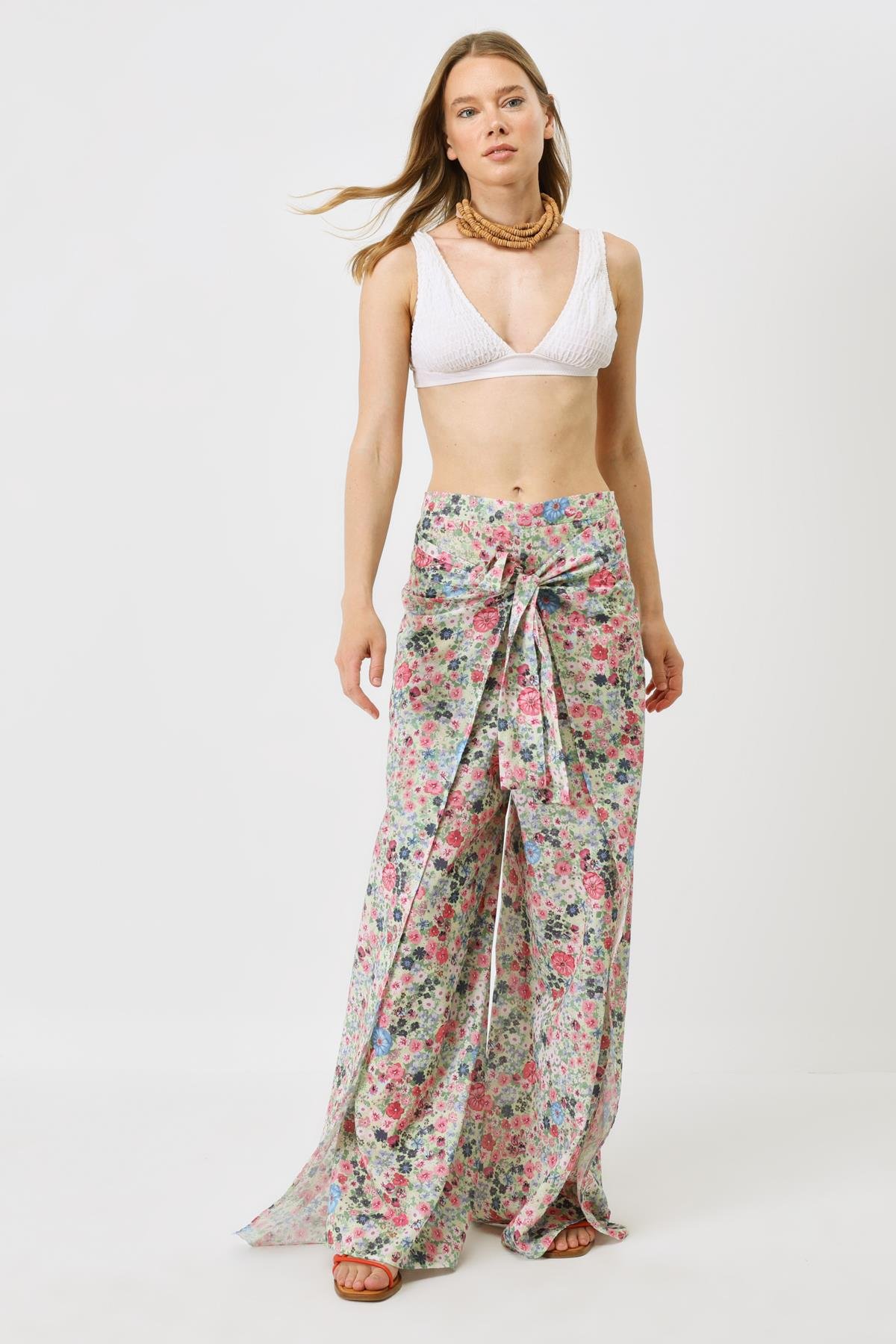 Kadın Belden Kuşaklı Pareo Pantolon 9078 Çiçekli