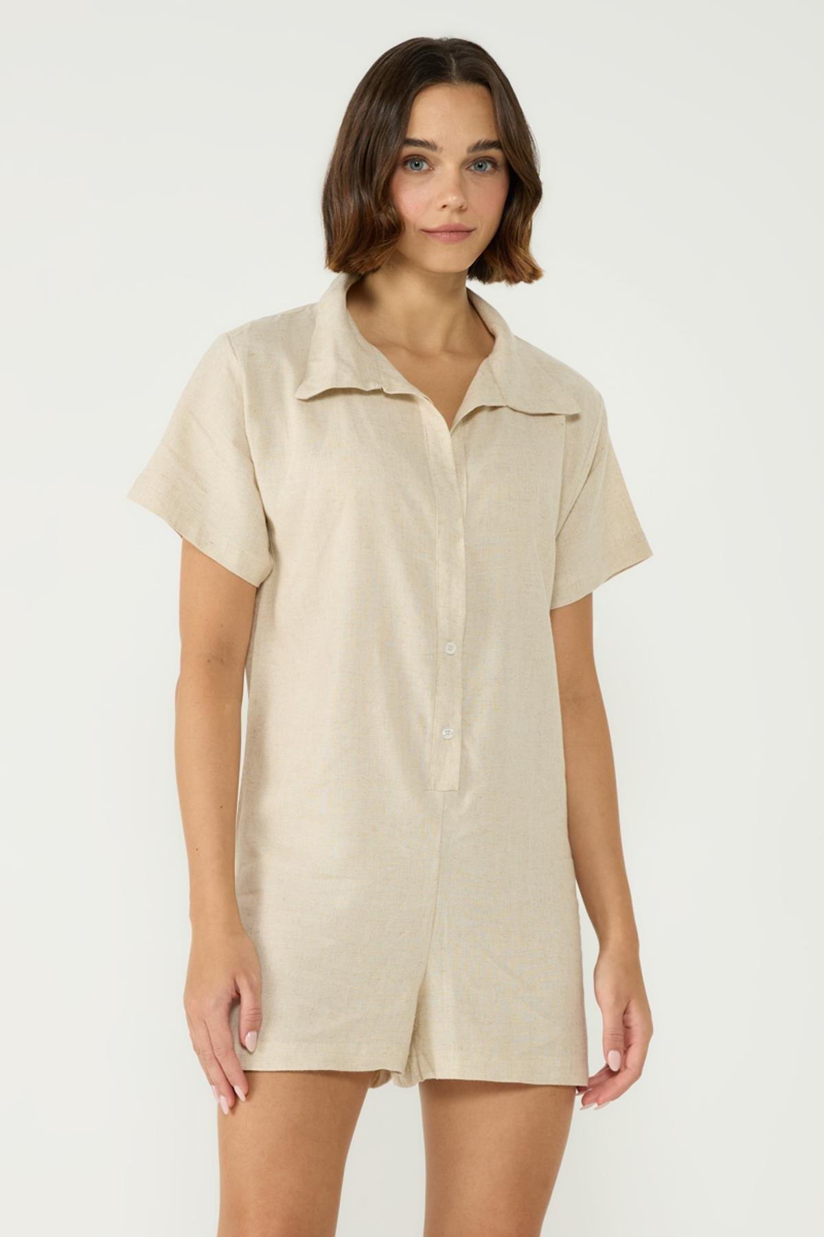 Kadın Oversize Dokuma Müslim Tulum 9149 Bej