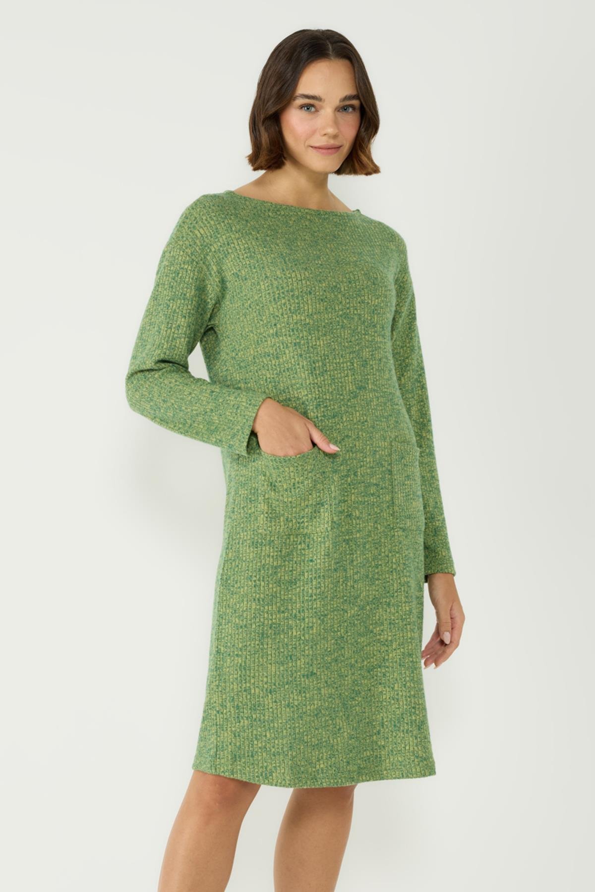 Kaşkorse Kayık Yaka Düşük Omuz Uzun Kol Cepli Elbise 405047 Haki