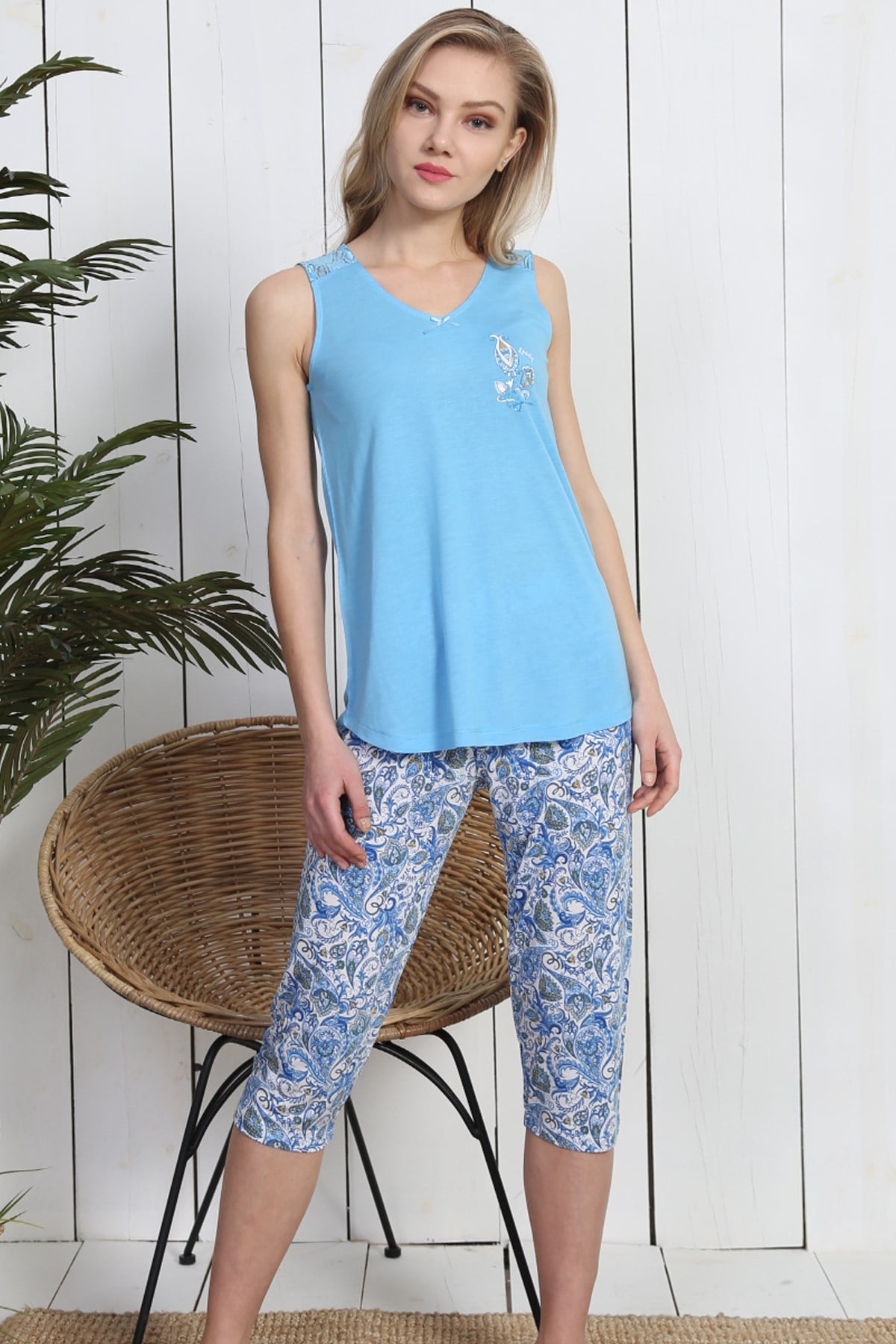 Kezokino 8092352912 Kadın Kapri Pijama Takım Mavi