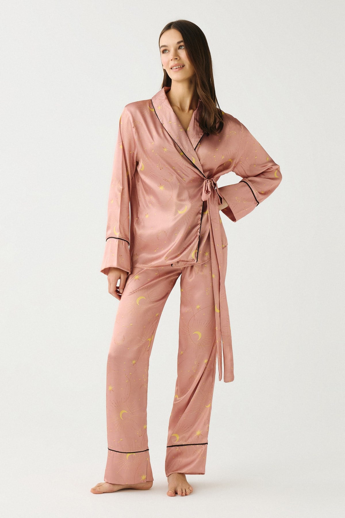 Luna Touch Kimono Pantolon 2'li Saten Takım Vizon