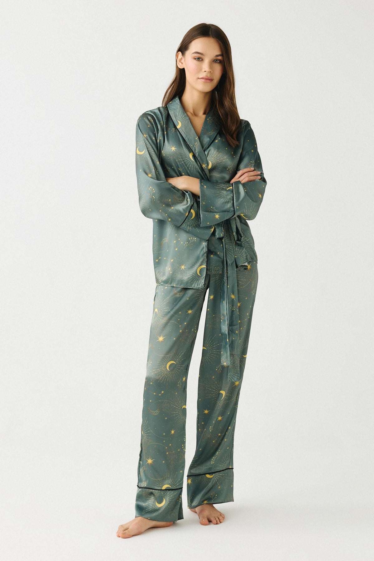 Luna Touch Kimono Pantolon 2'li Saten Takım Haki