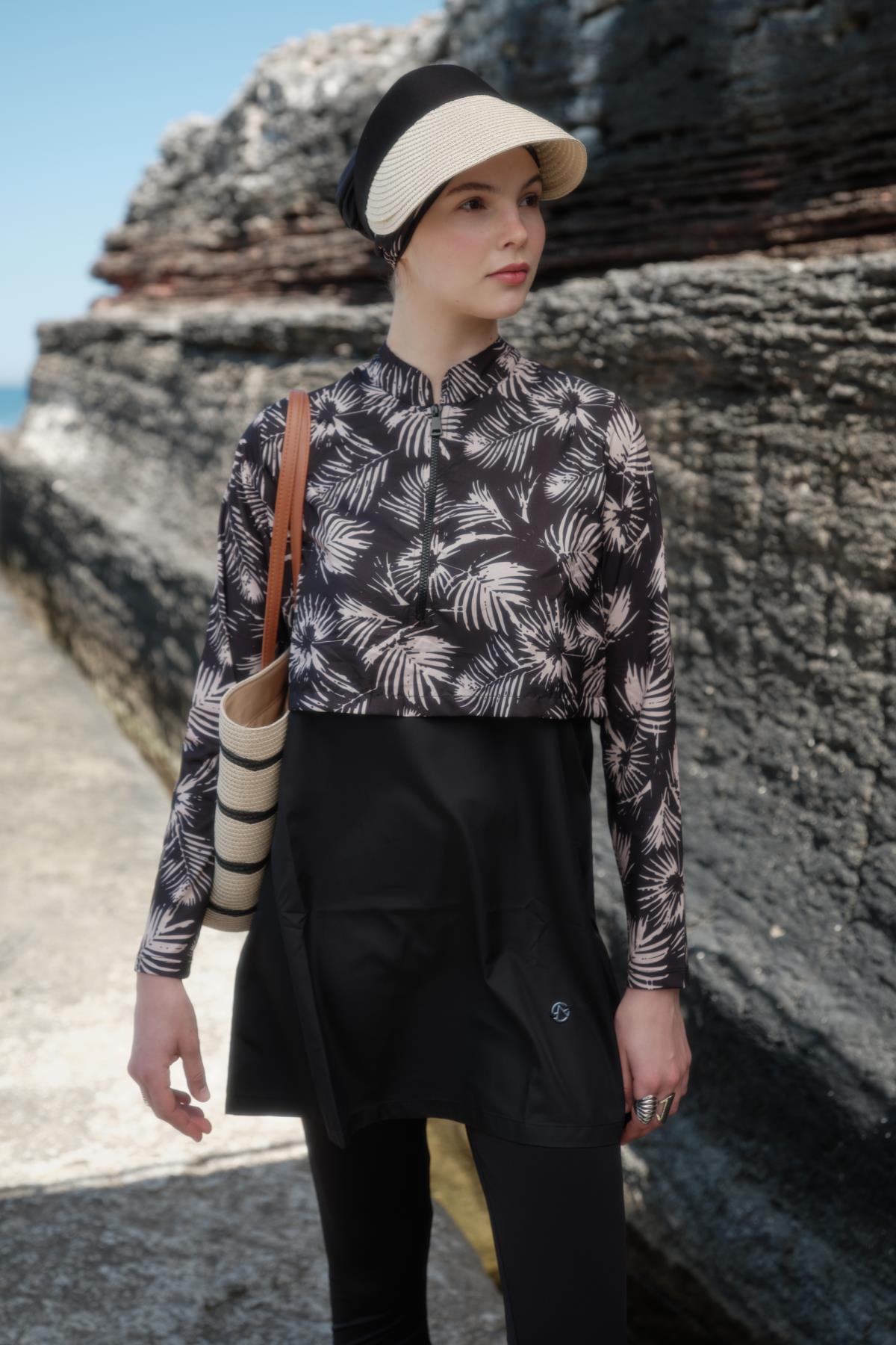 Modern Desen Detaylı Tam Kapalı Tesettür Mayo 4111 Siyah/Çiçekli