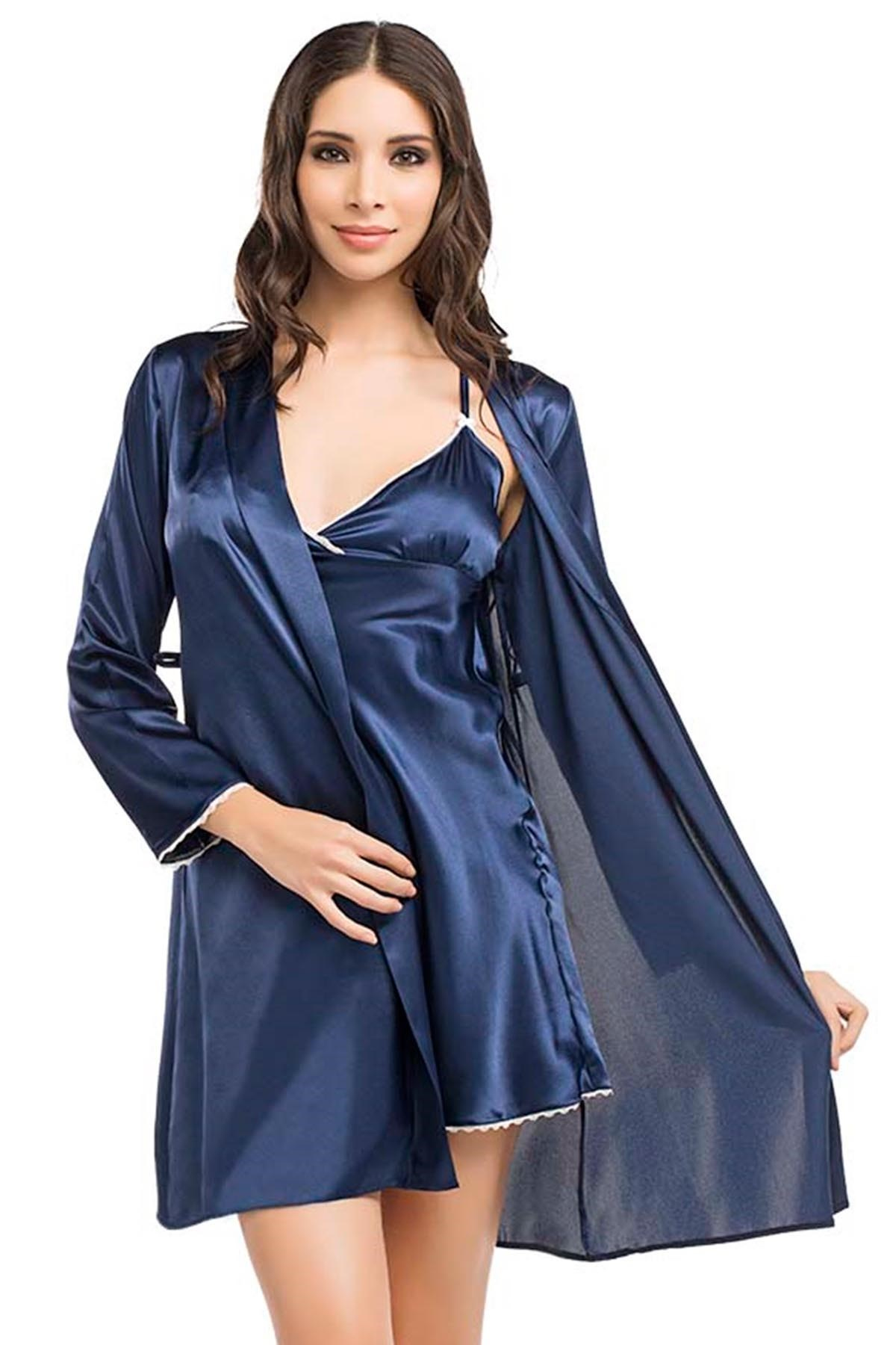 Nbb 3257 Kadın Gecelik Sabahlık Takım Lacivert