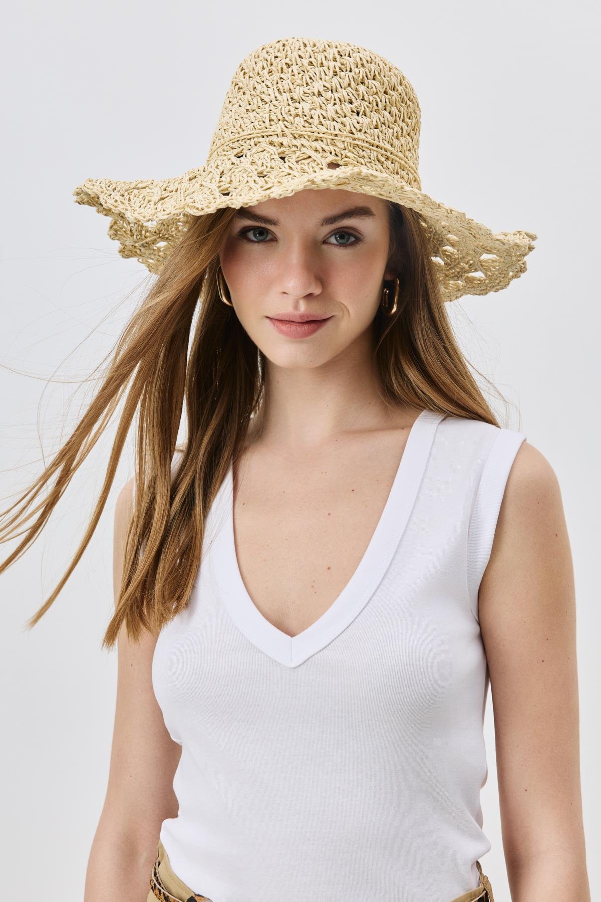 Örgü Hasır Plaj Şapkası Y25730-22 Bej
