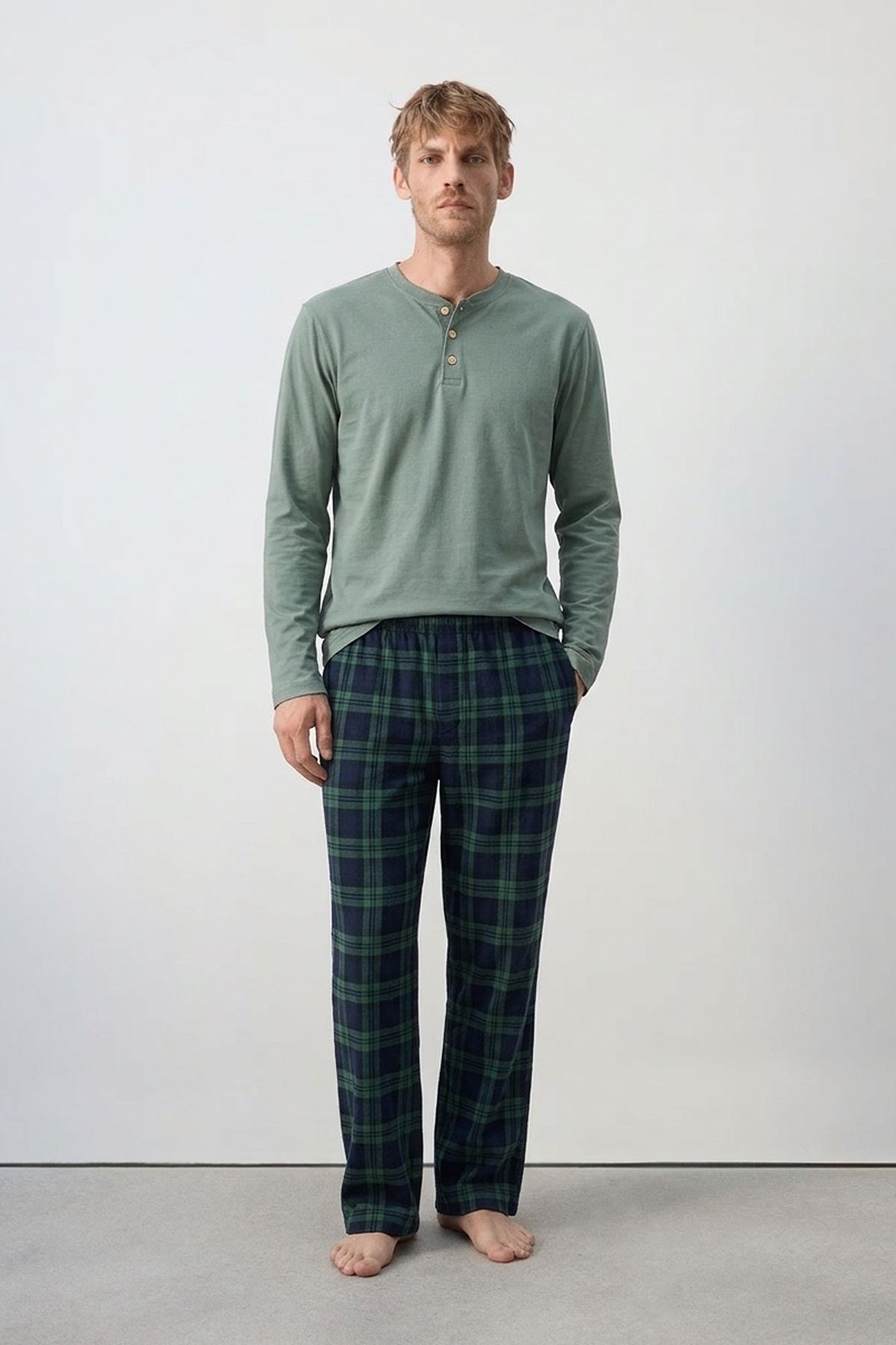 Pamuklu Yarım Düğmeli Ekose Erkek Pijama Takım Yeşil