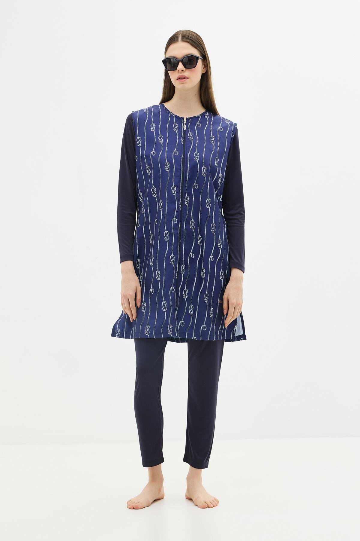 Paraşüt Kumaş Fermuarlı 4'lü Tesettür Mayo 1316 Koyu Lacivert