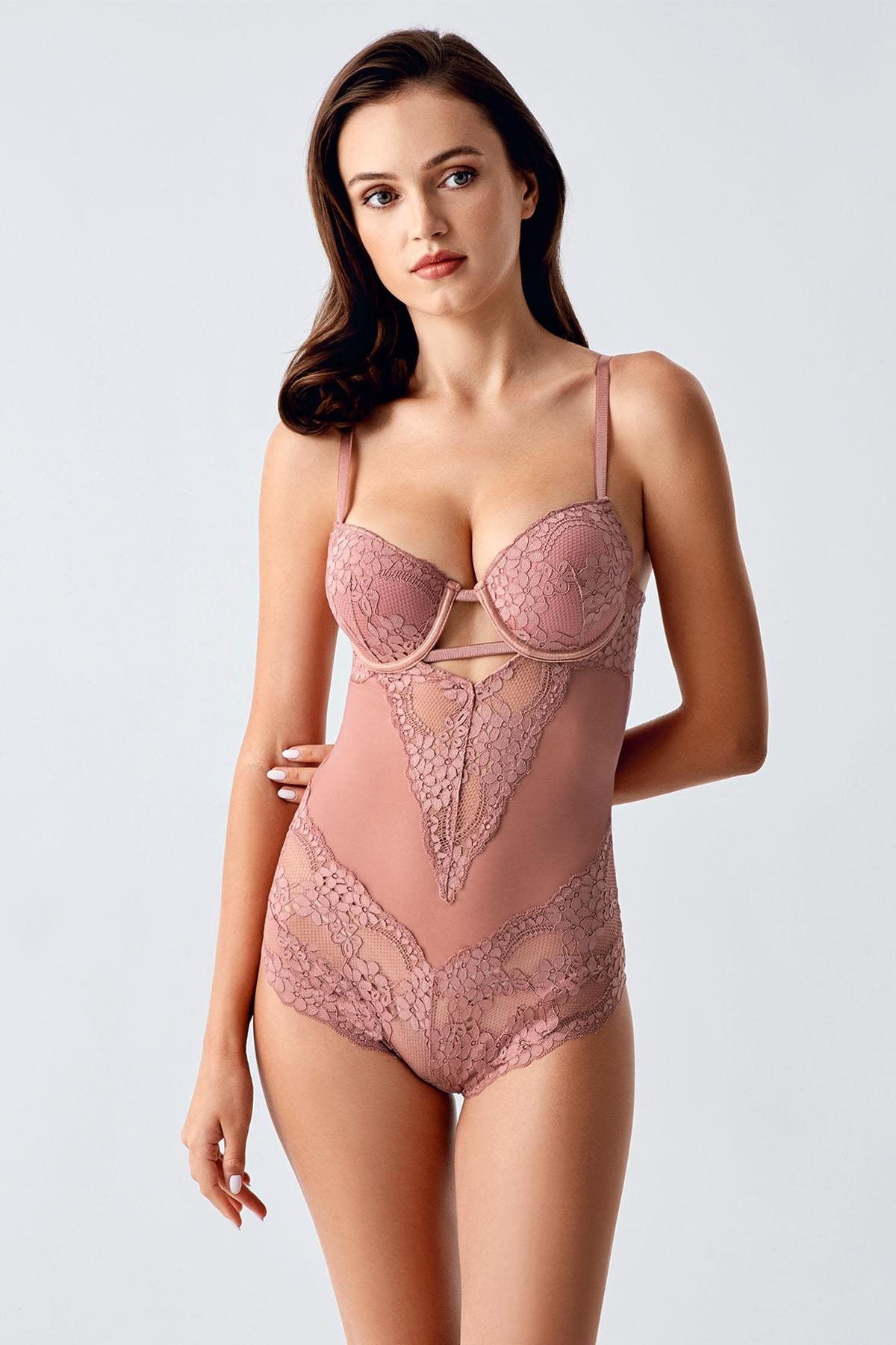 Push Up Dantel Detaylı Bodysuit C15098 Kiremit