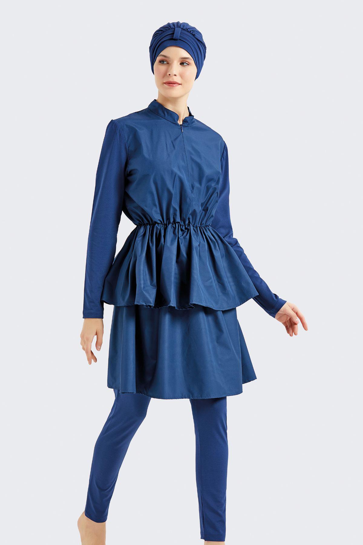 Tam Kapalı 4 lü Pileli Tesettür Mayo C14122 Lacivert