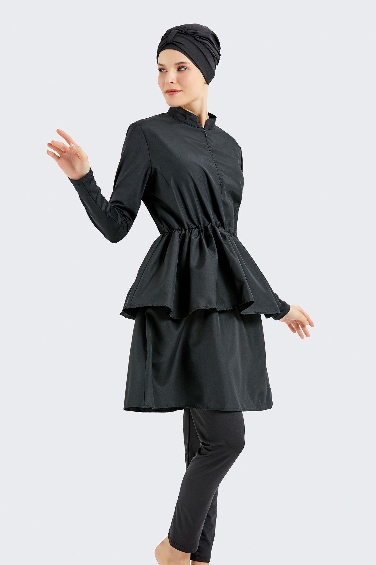 Tam Kapalı 4 lü Pileli Tesettür Mayo C14122 Siyah