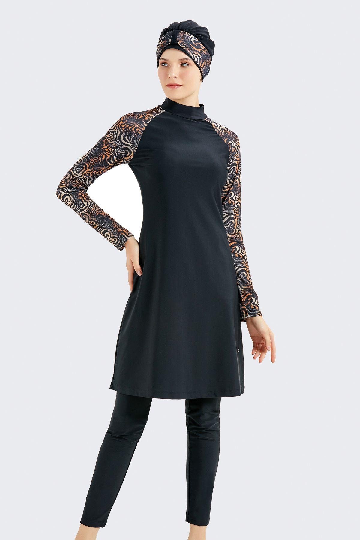 Tam Kapalı 4 lü Tesettür Mayo C14020 Siyah/Leopar