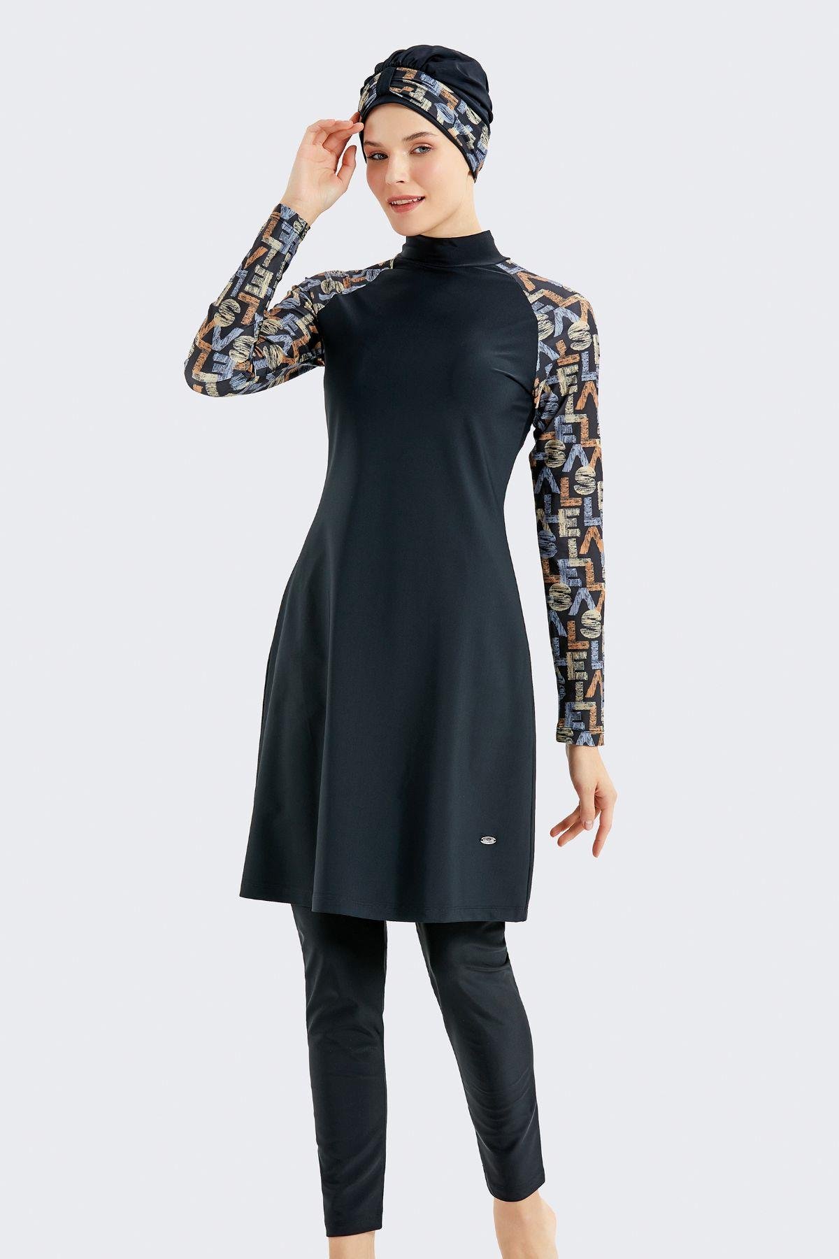 Tam Kapalı 4 lü Tesettür Mayo C14020 Siyah/Kahverengi