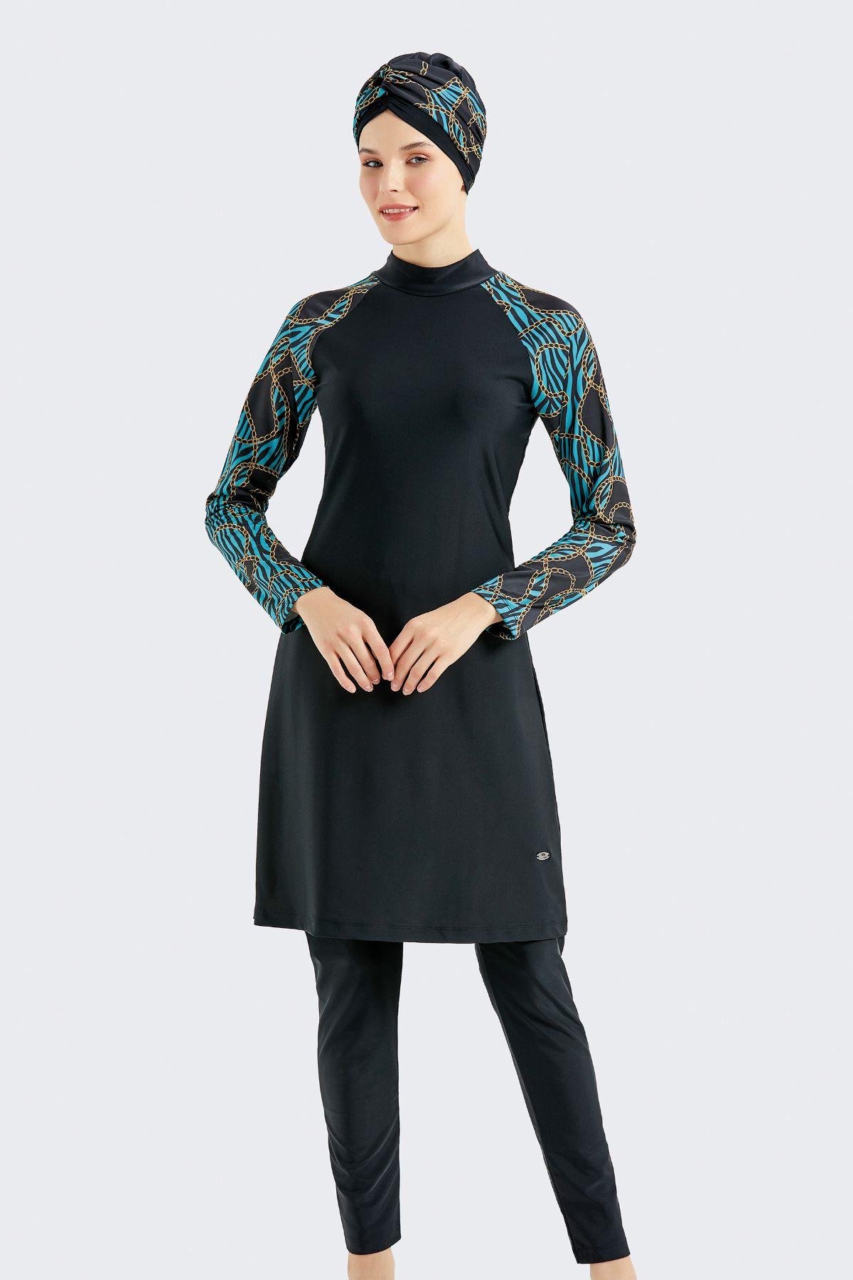 Tam Kapalı 4 lü Tesettür Mayo C14020 Siyah/Turkuaz