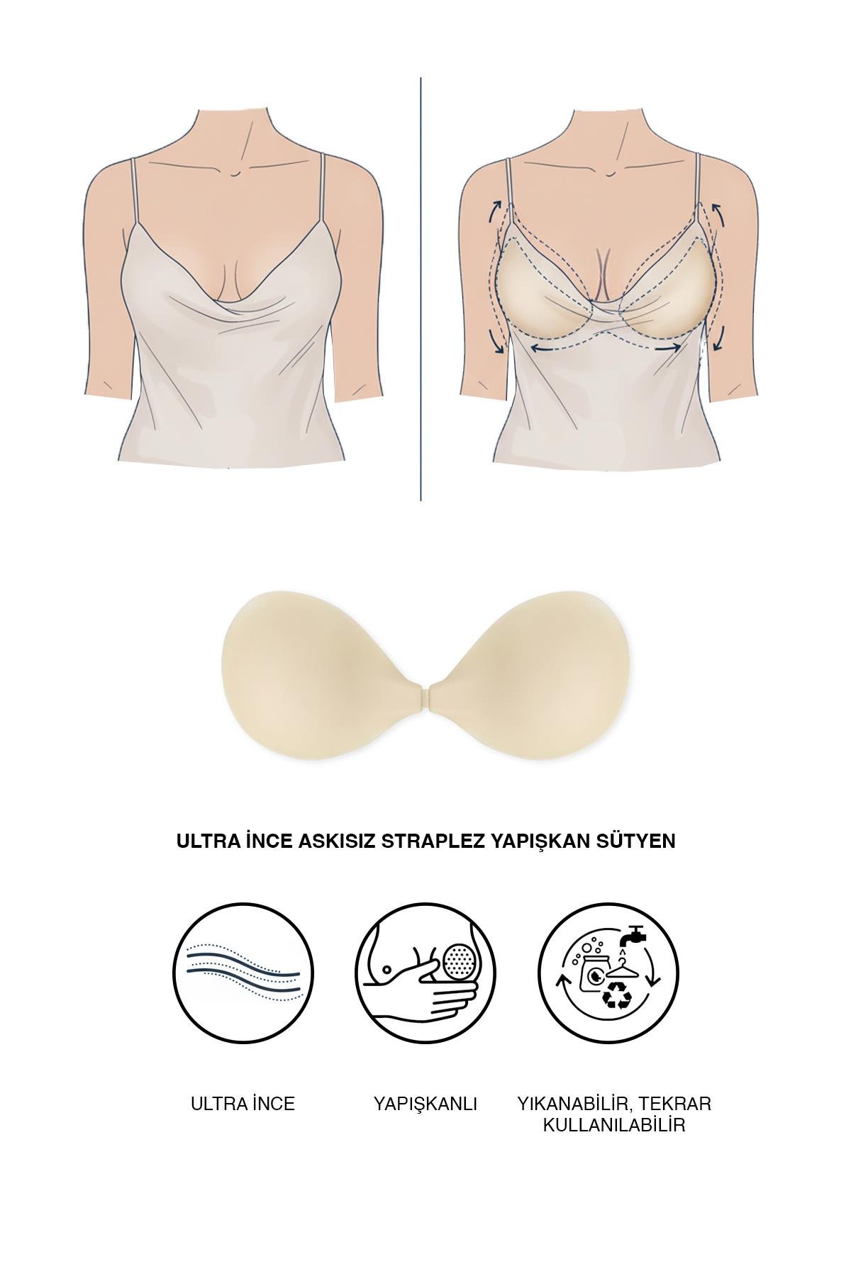 Ultra İnce Askısız Straplez Yapışkan Sütyen 7238 Açık Ten