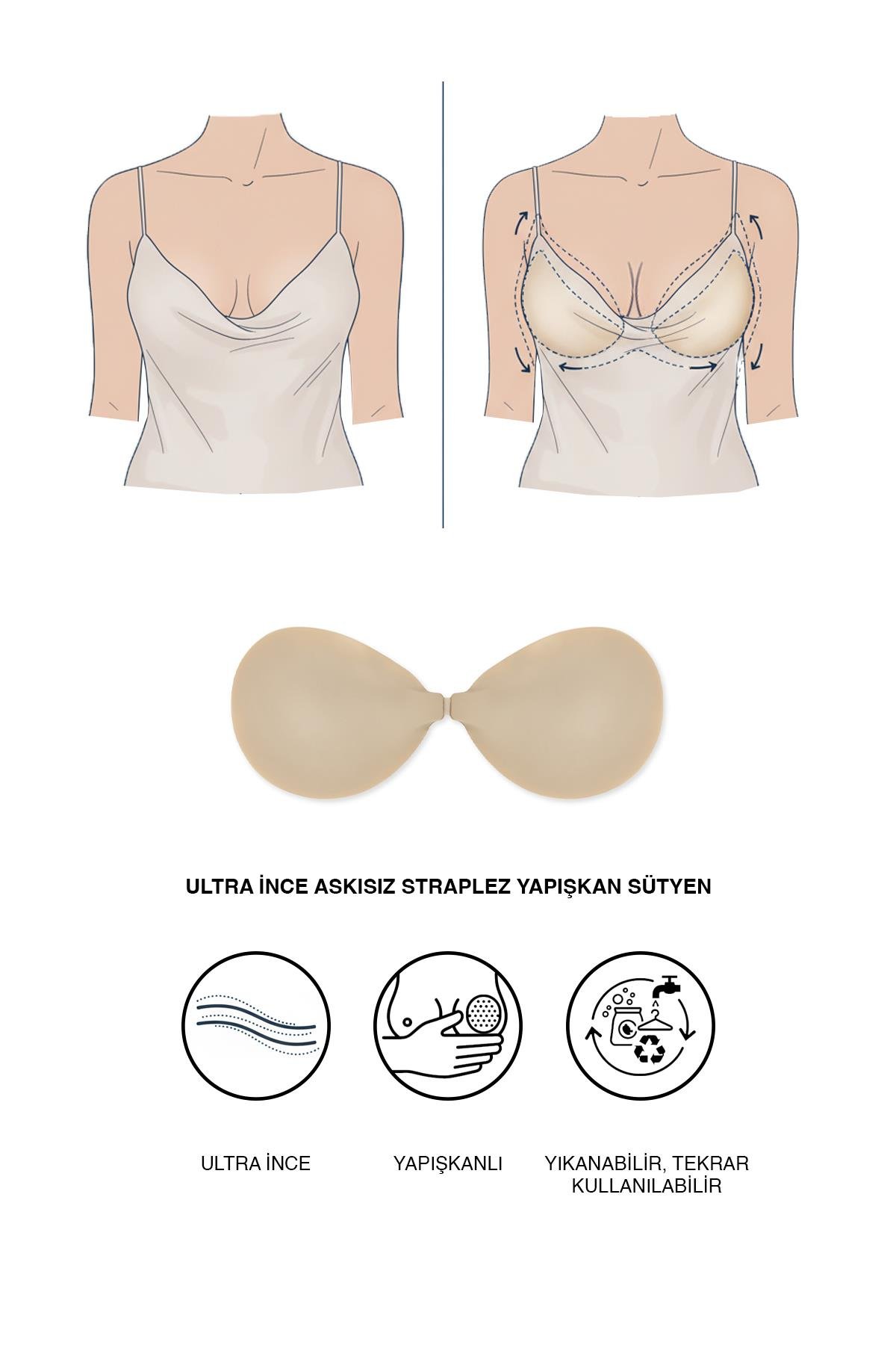 Ultra İnce Askısız Straplez Yapışkan Sütyen 7238 Ten