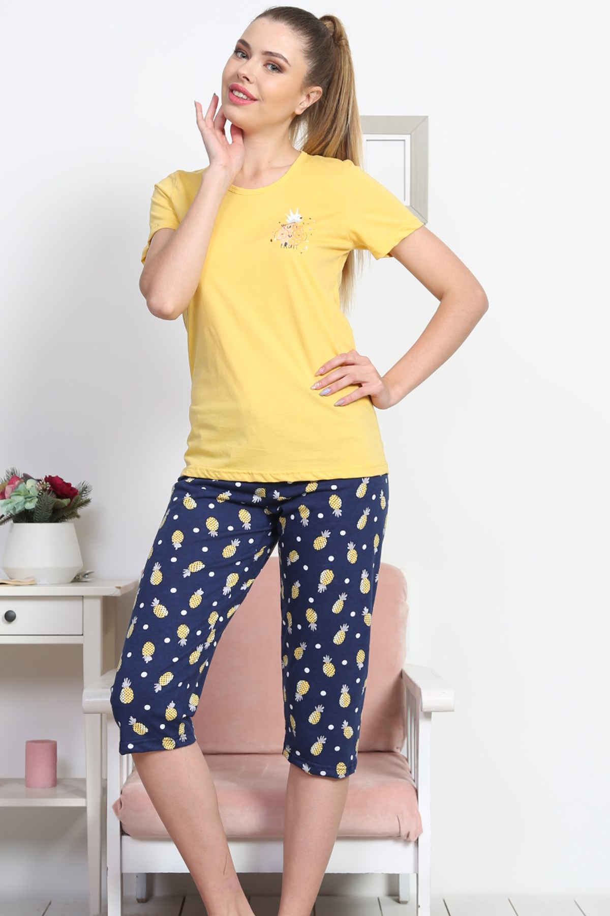 Vienetta 8120736349 Kadın Askılı Şortlu Pijama Takım Sarı