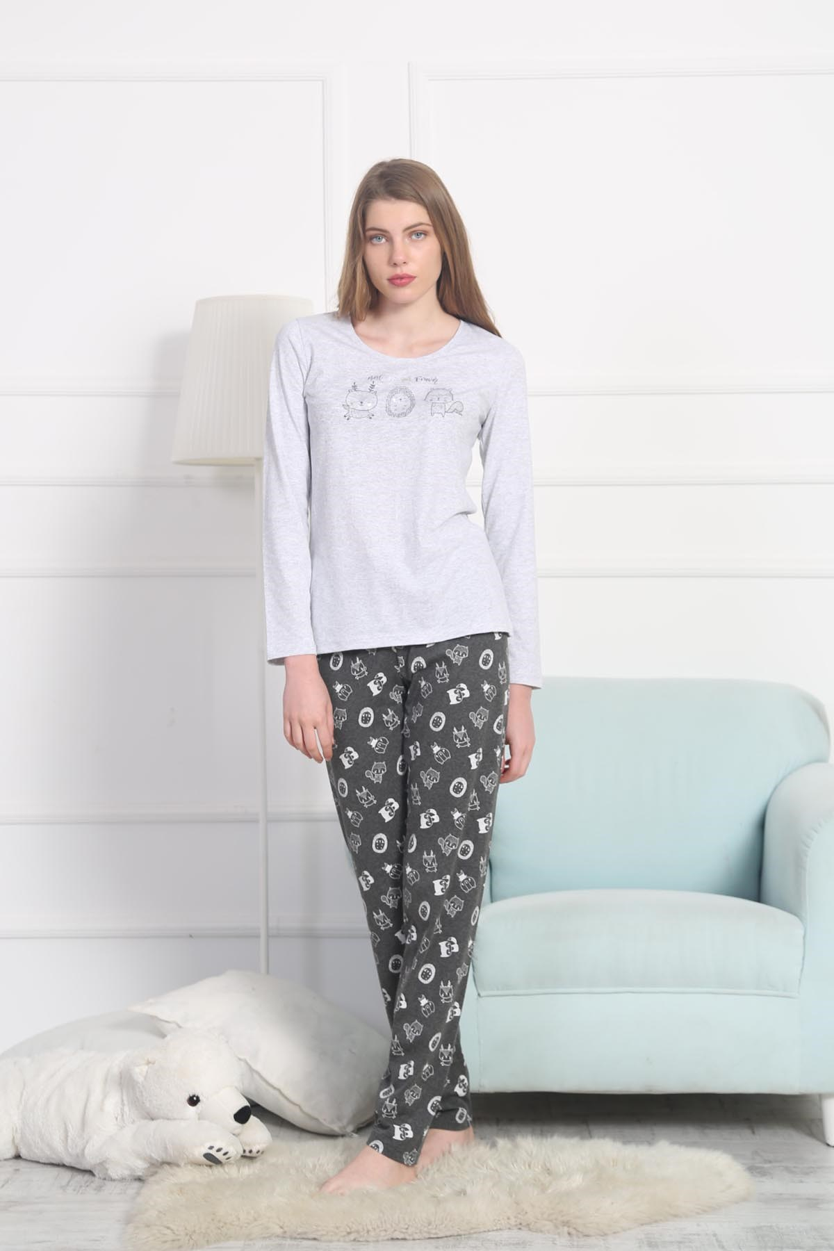 Vienetta Kadın Pijama Takım 8022151802 Gri Melanj