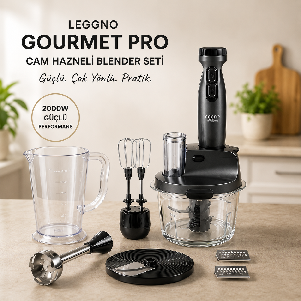 Leggno Gourmet Pro Cam Hazneli Blender Seti Metalik Gri