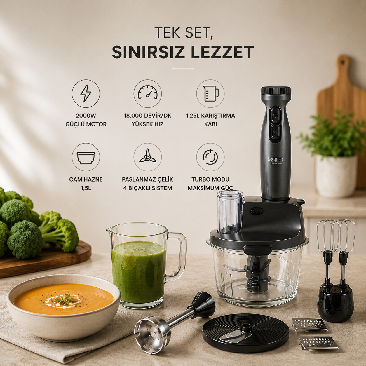 Leggno Gourmet Pro Cam Hazneli Blender Seti Metalik Gri