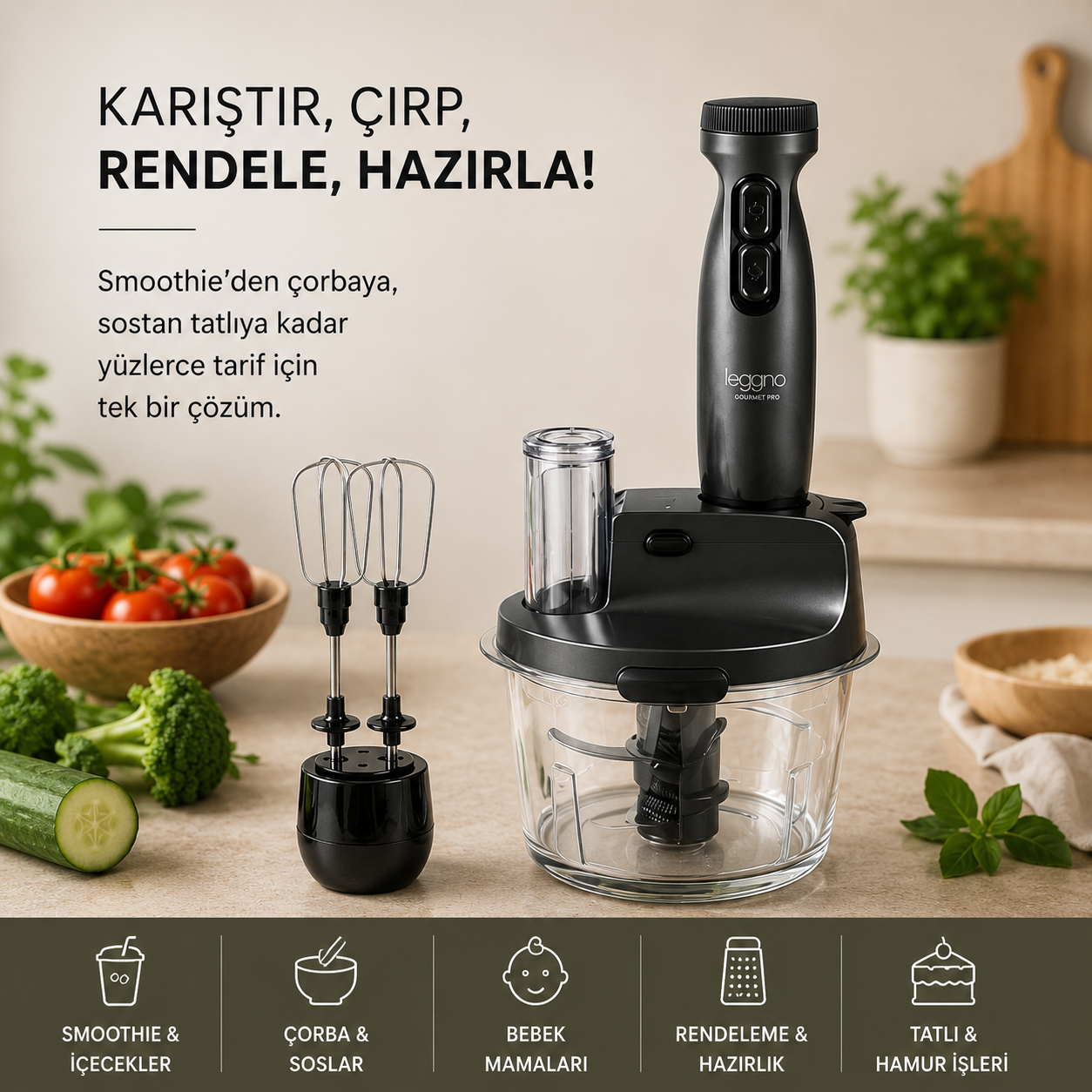 Leggno Gourmet Pro Cam Hazneli Blender Seti Metalik Gri
